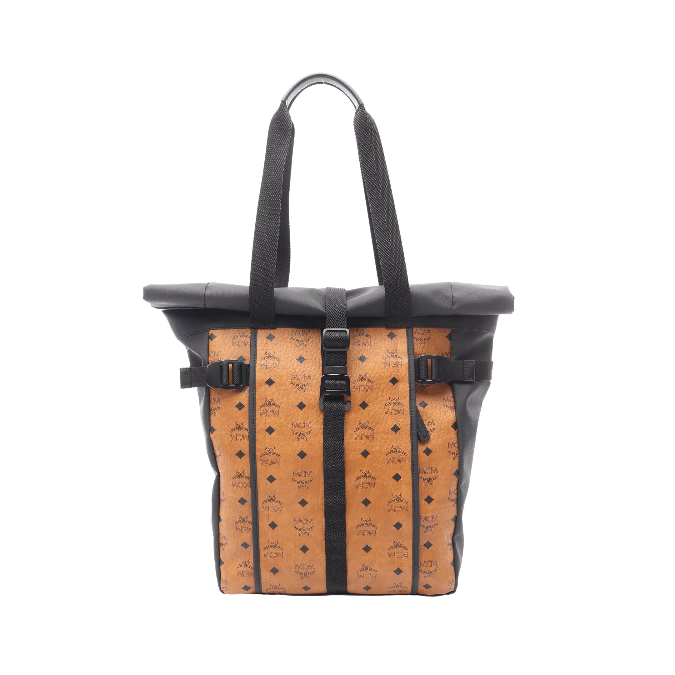 エム・シー・エム MCM ロールトップユーティリティショッパーバッグ トートバッグ バッグ PVCコーティングキャンバス レザー レディース ブラウン系 / ブラック系 【中古】 ロールトップユーティリティショッパーバッグ ショルダーバッグ トート