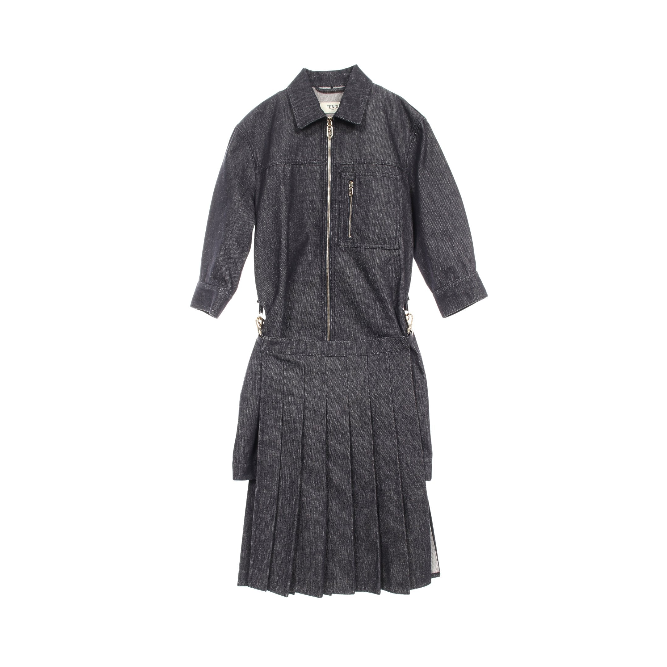 ジップアップ デニム ワンピース 七分袖 コットン ダークグレー