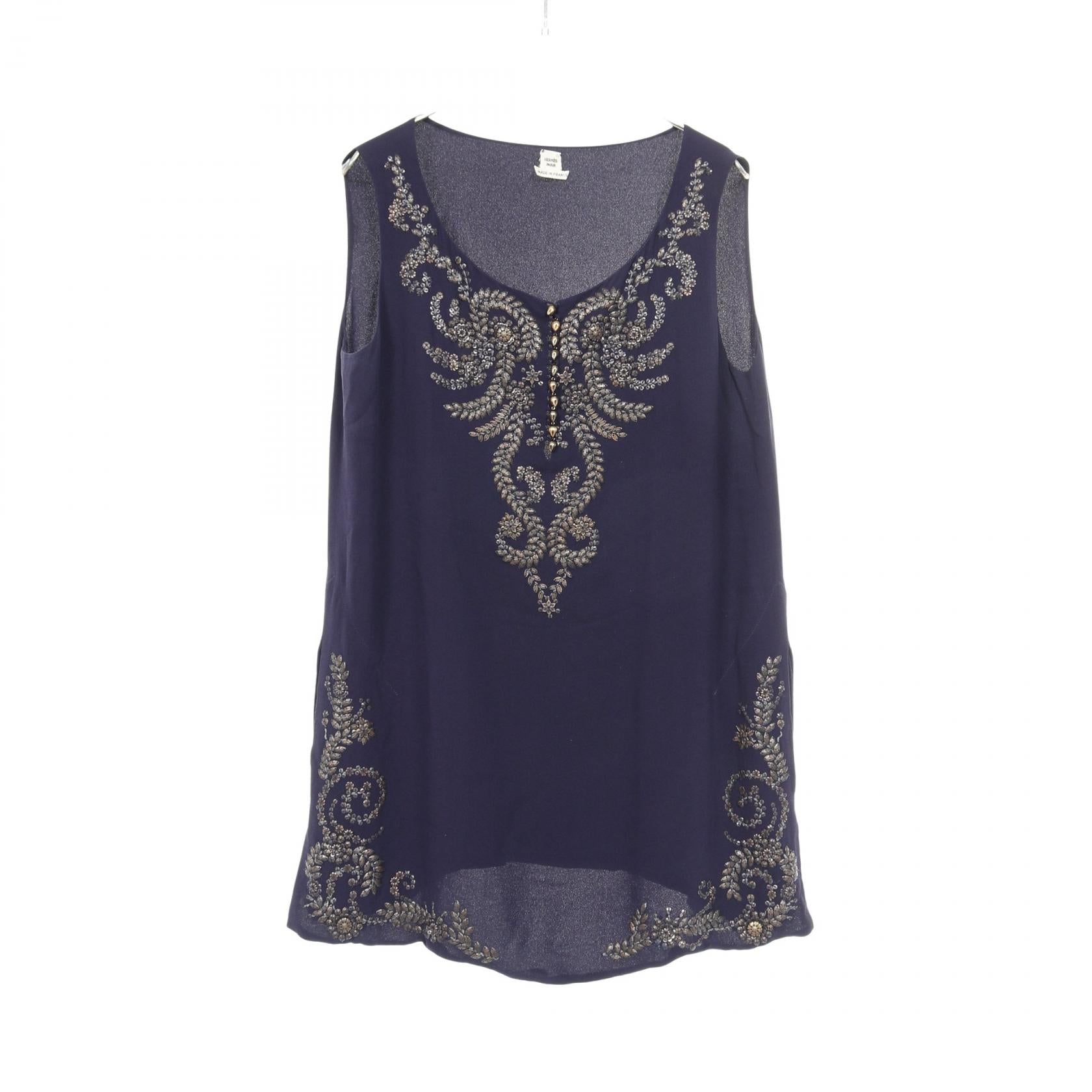 ブラウス ノースリーブ ビーズ刺繍 シルク ネイビー エルメス – RECLO