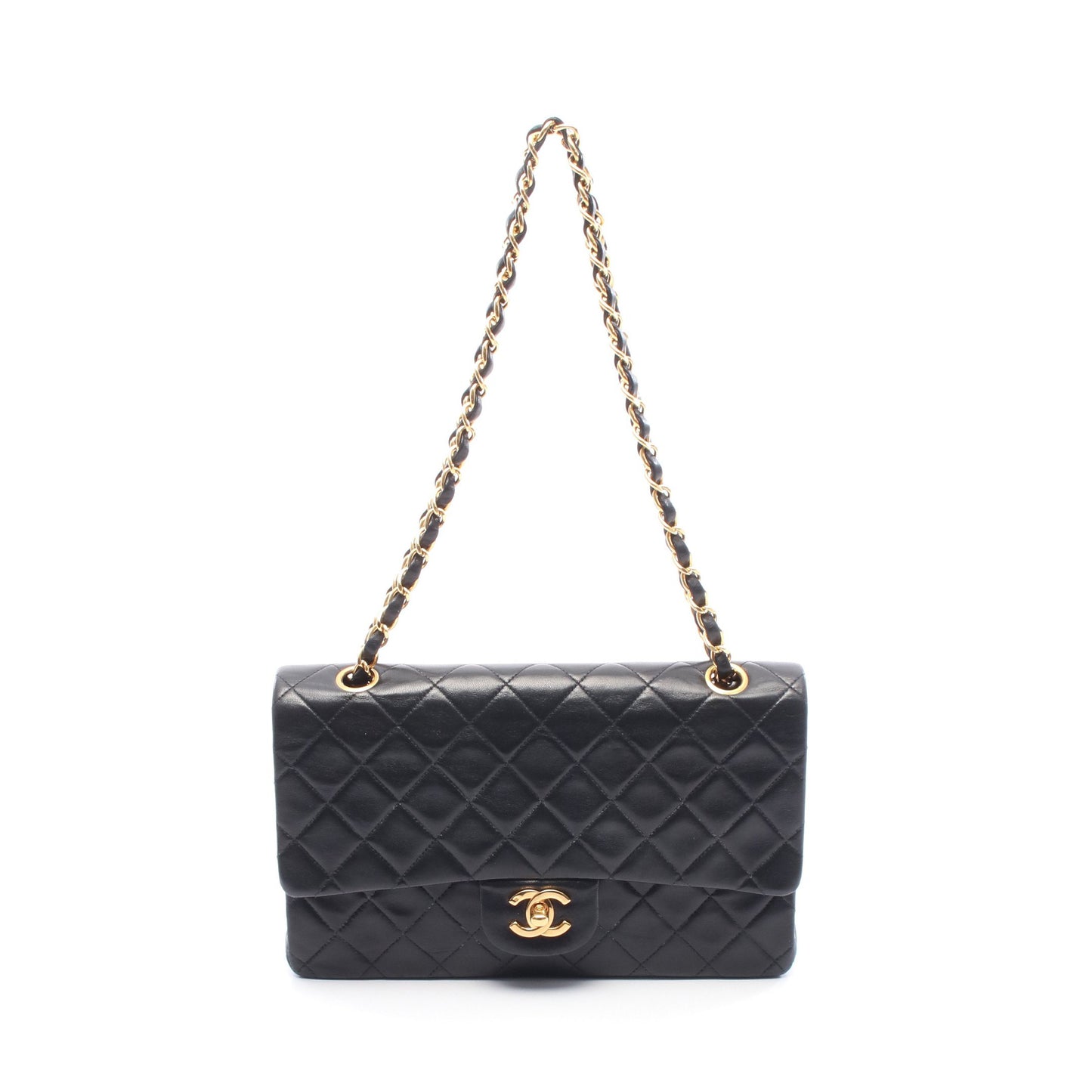 マトラッセ Wフラップ Wチェーンショルダーバッグ ラムスキン ブラック ゴールド金具 シャネル バッグ CHANEL