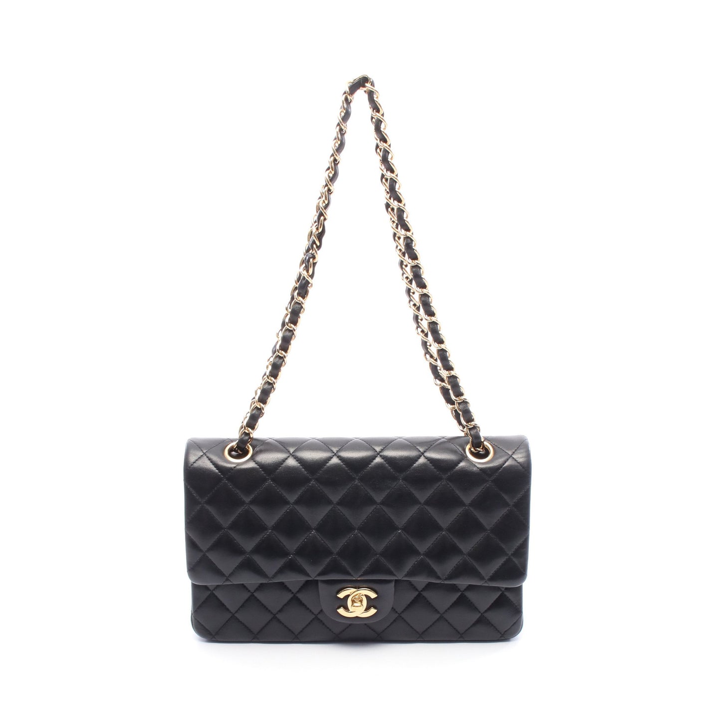 マトラッセ Wフラップ Wチェーンショルダーバッグ ラムスキン ブラック ゴールド金具 シャネル バッグ CHANEL