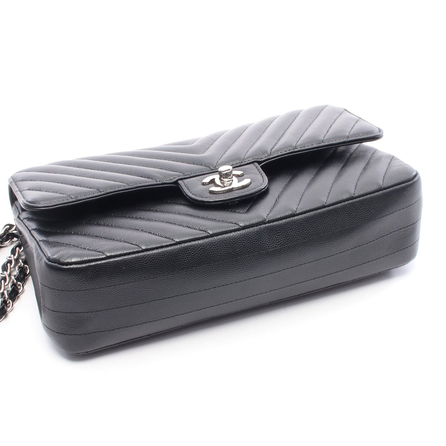 シェブロン Vステッチ Wフラップ Wチェーンショルダーバッグ キャビアスキン ブラック シルバー金具 シャネル バッグ CHANEL
