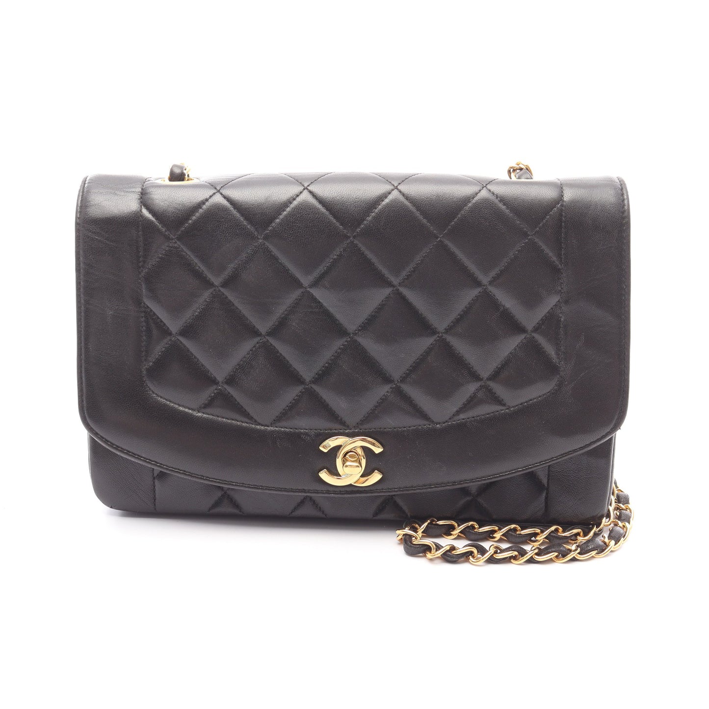 マトラッセ ダイアナフラップ チェーンショルダーバッグ ラムスキン ブラック ゴールド金具 シャネル バッグ CHANEL