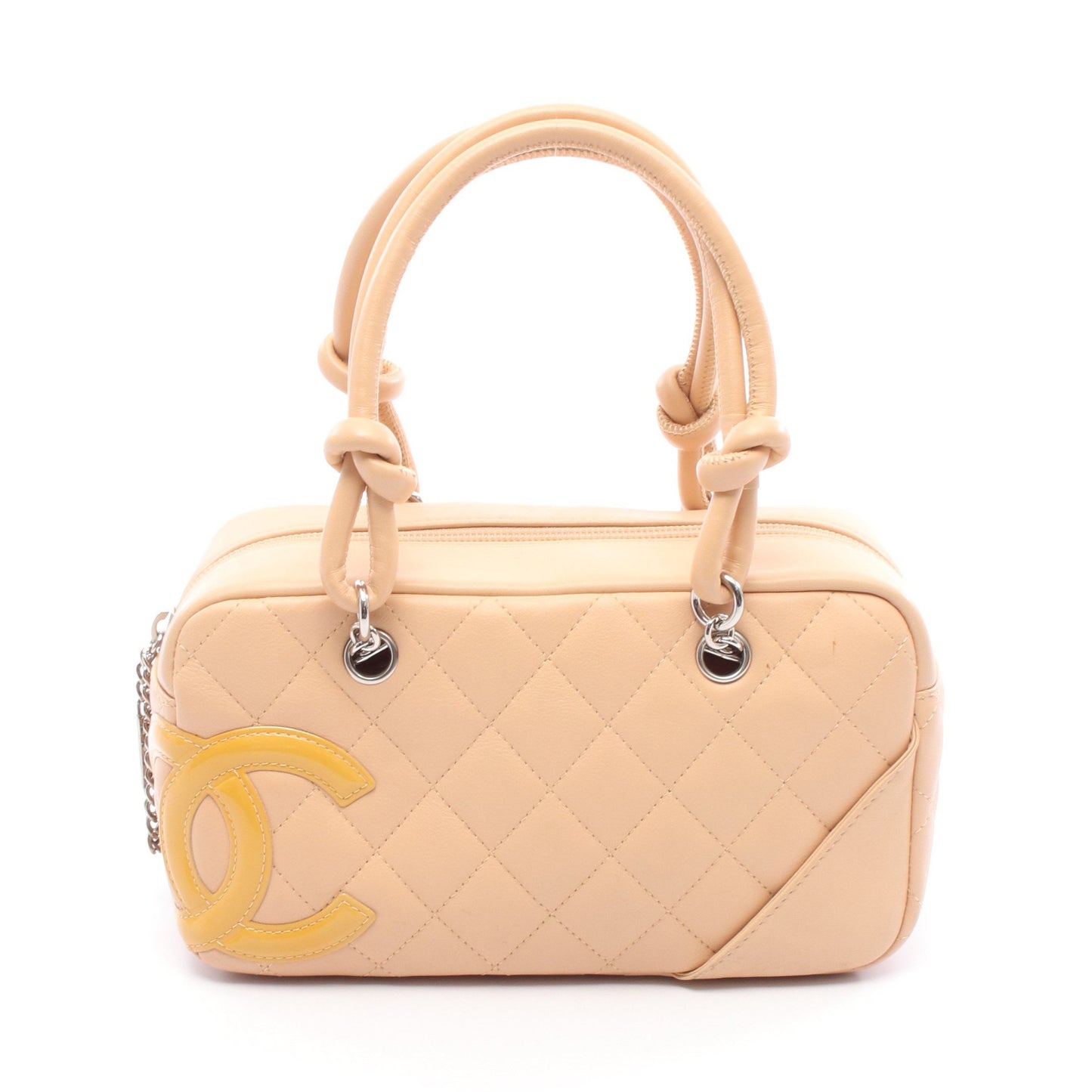 カンボンライン ミニボーリングバッグ ハンドバッグ レザー エナメルレザー ベージュ シルバー金具 シャネル バッグ CHANEL