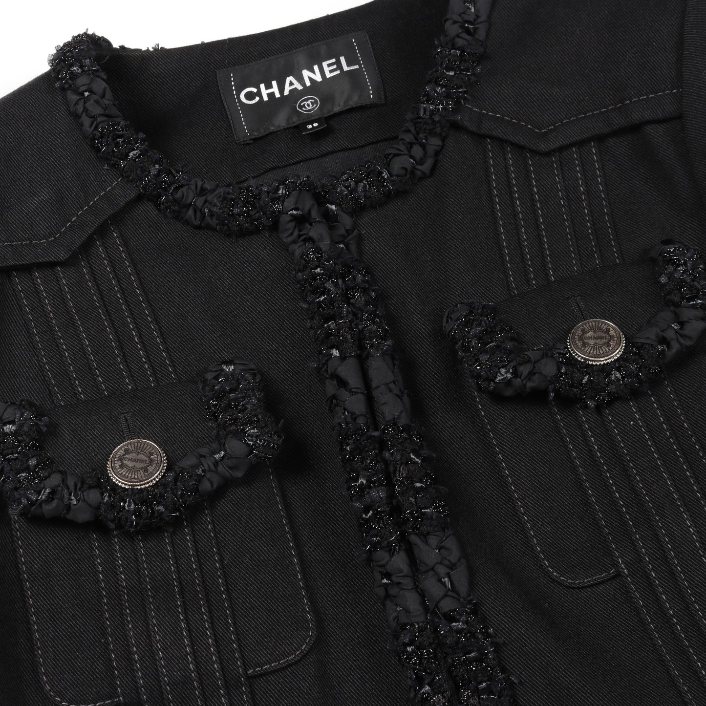 デニム ノーカラージャケット コットン ブラック ロゴボタン シャネル アウター CHANEL