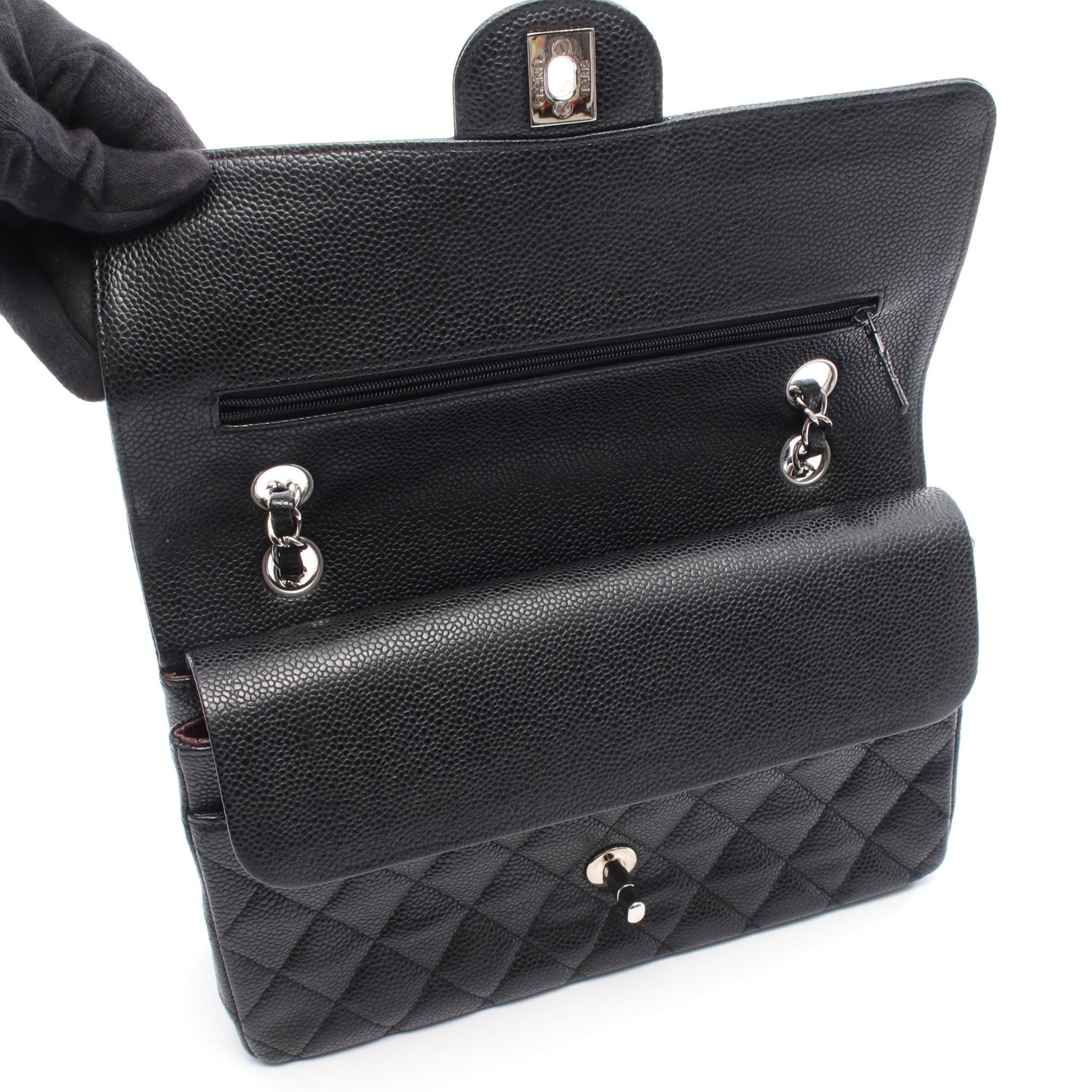 マトラッセ Wフラップ Wチェーンショルダーバッグ キャビアスキン ブラック シルバー金具 シャネル バッグ CHANEL