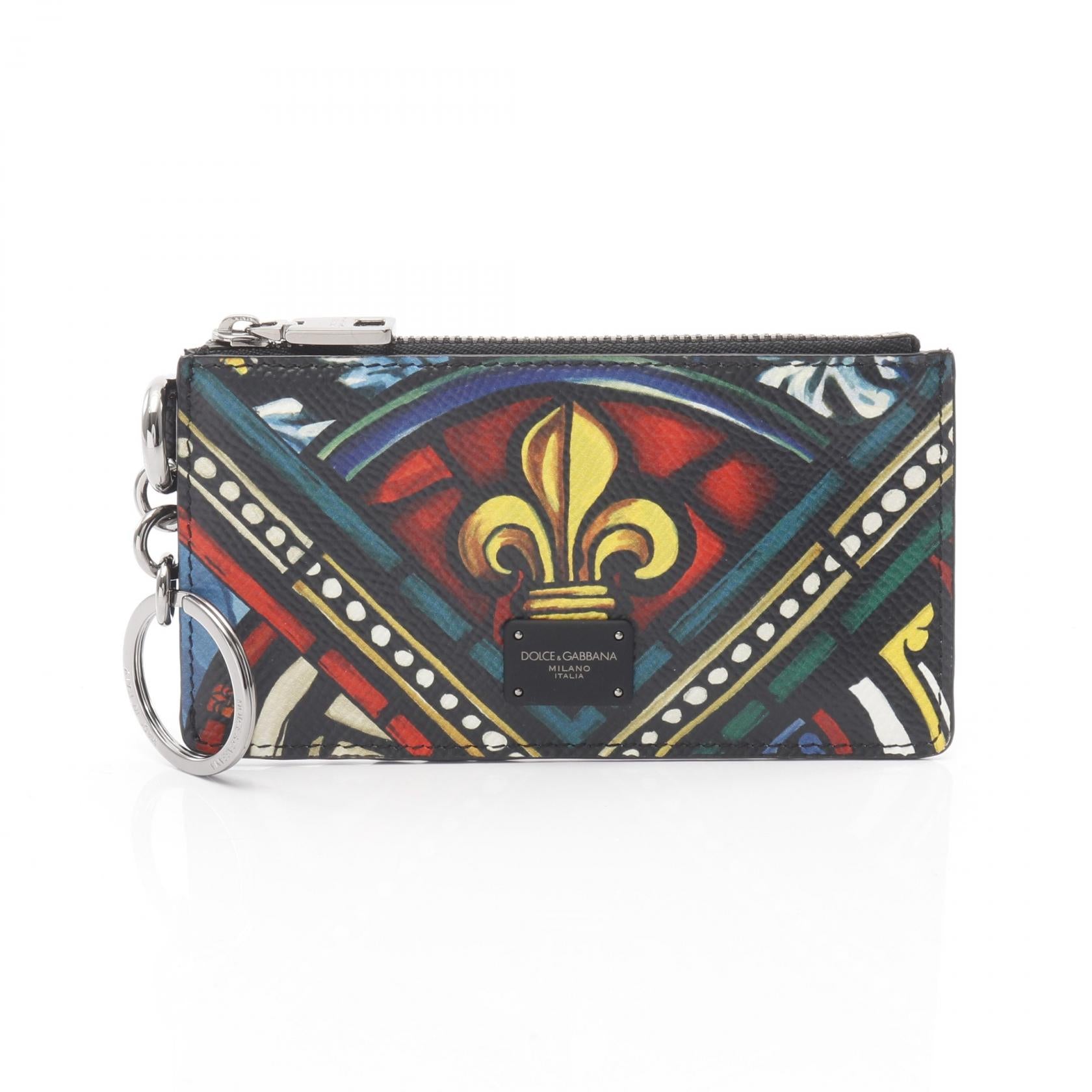 コインケース カードケース ステンドグラスプリント レザー ブラック マルチカラー キーリング付き ドルチェアンドガッバーナ – RECLO