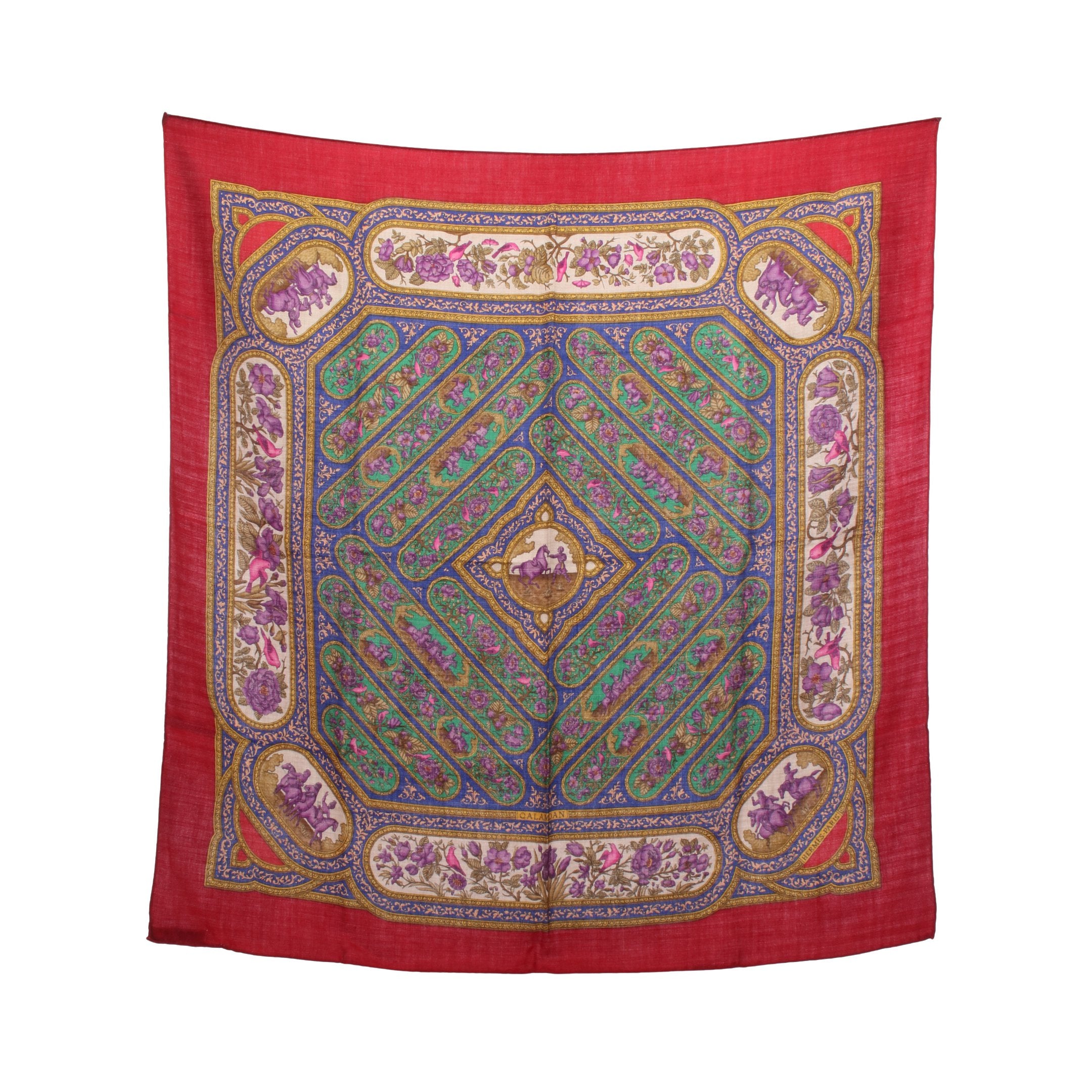 カレ90 QALAMDAN スカーフ カシミヤ シルク レッド マルチカラー