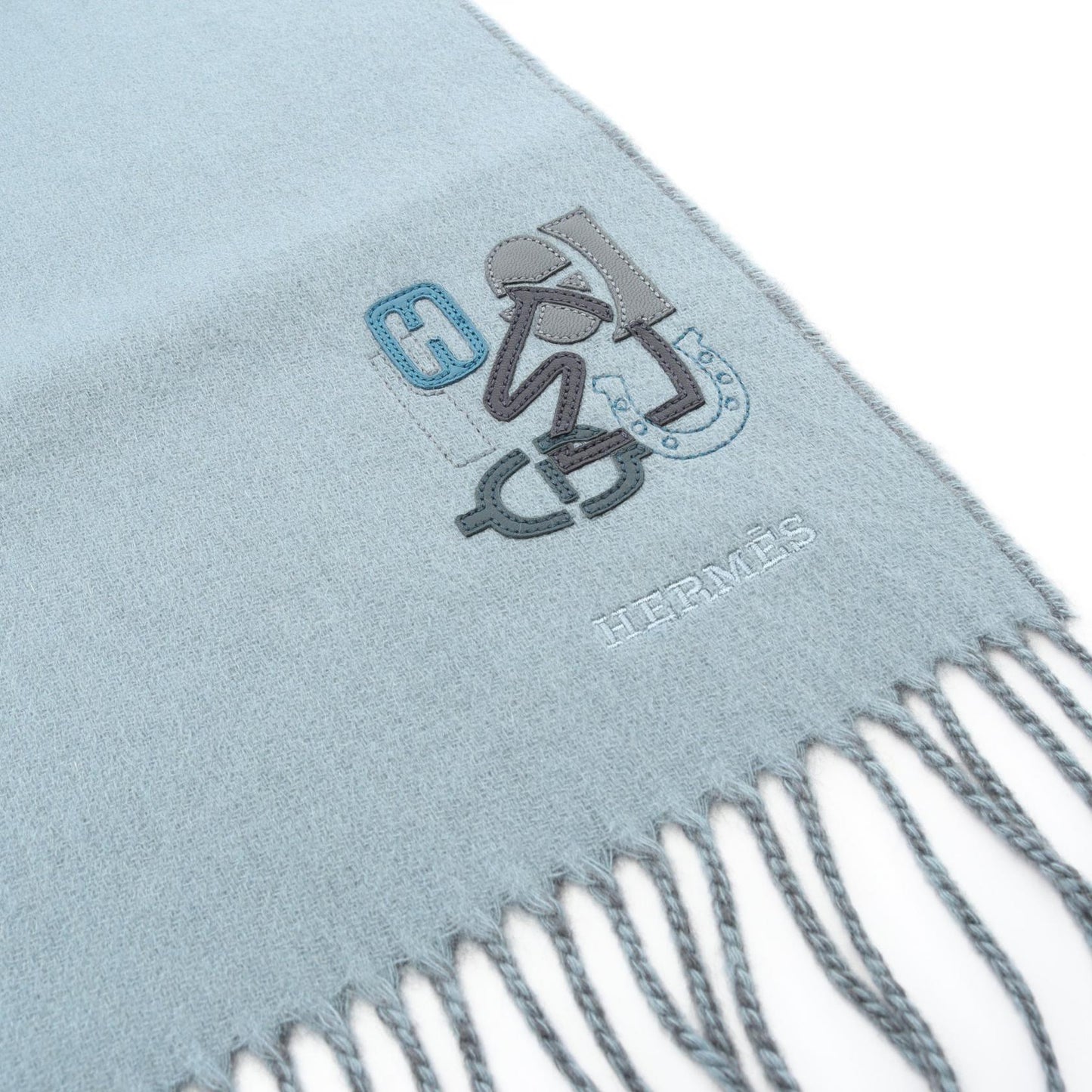 H パズル マフラー 刺繍 カシミヤ ブルーグリーン エルメス 財布・小物 HERMES