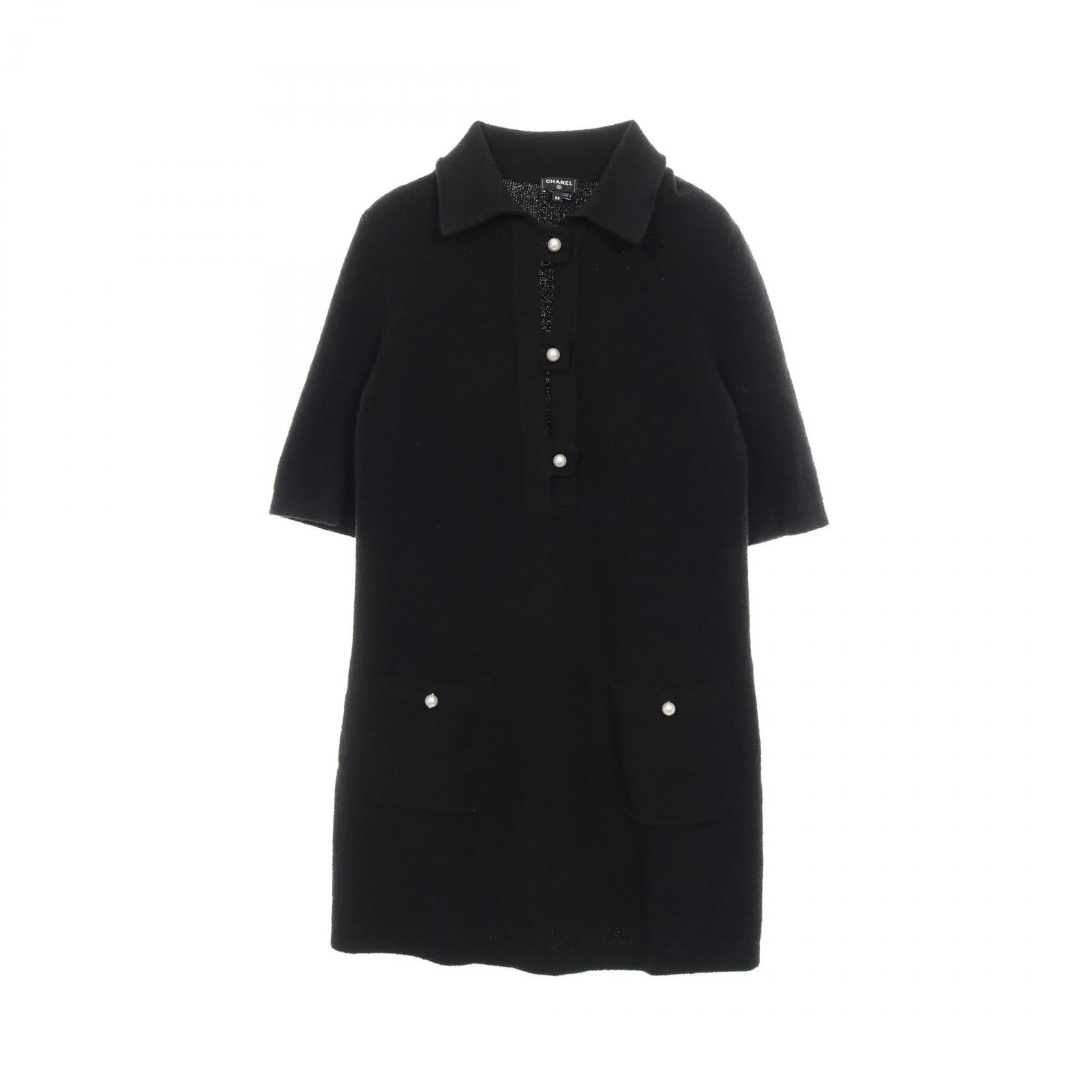 ココマーク フェイクパールボタン ワンピース コットン ブラック
