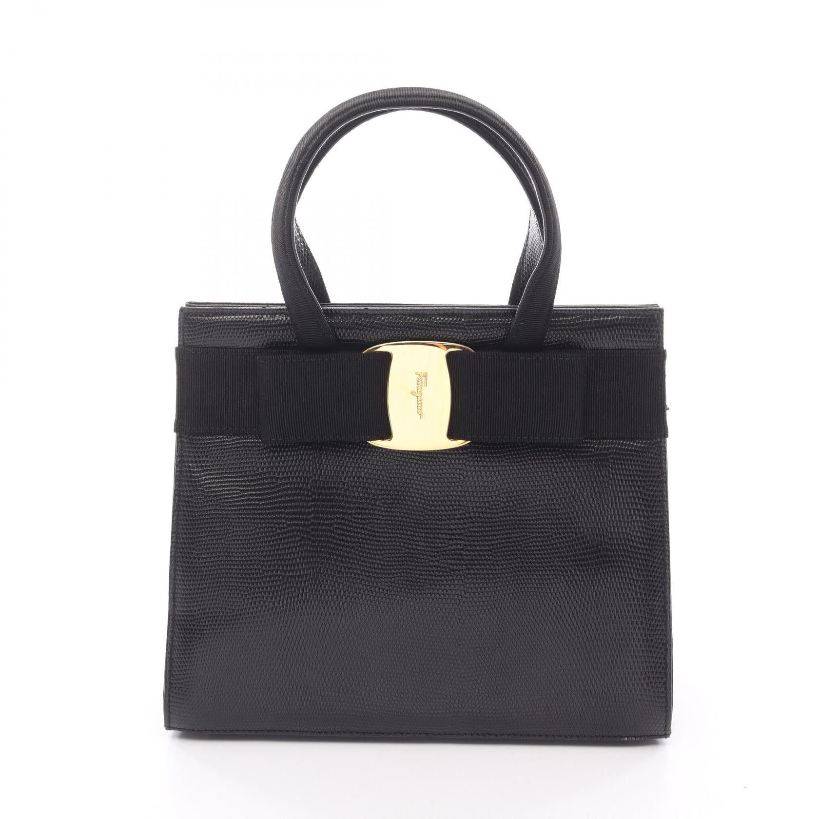 【希少】サルヴァトーレフェラガモ　かごバッグ　ハンドバッグ　ヴァラリボン　レザー ヴァラリボン ハンドバッグ レザー ブラック リザード型押し