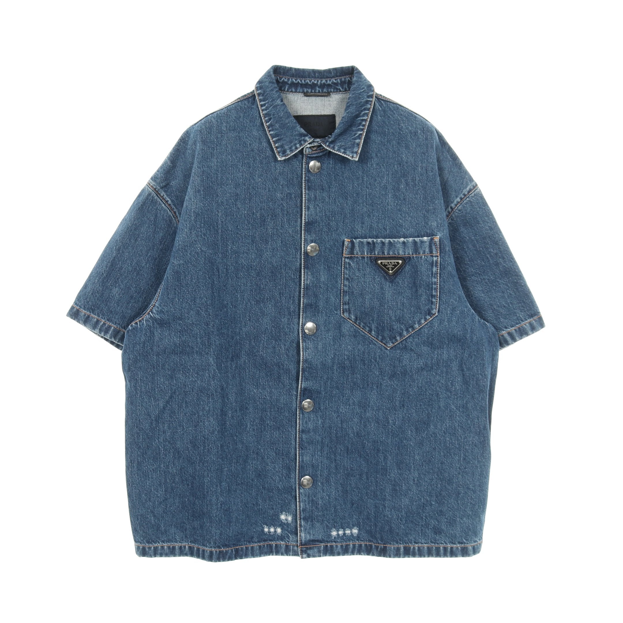 トライアングルロゴ デニムシャツ 半袖 デニム インディゴブルー