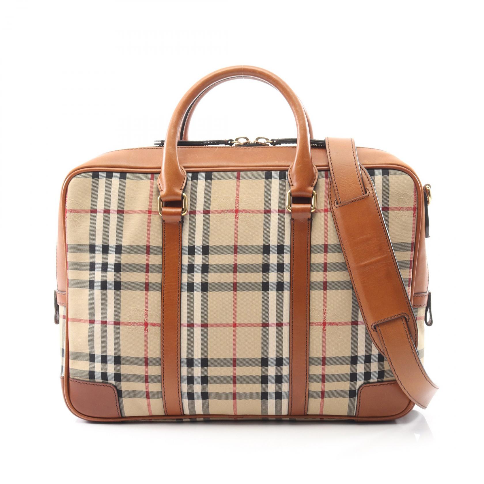 ノバチェック ハンドバッグ キャンバス レザー ベージュ ブラウン 2WAY