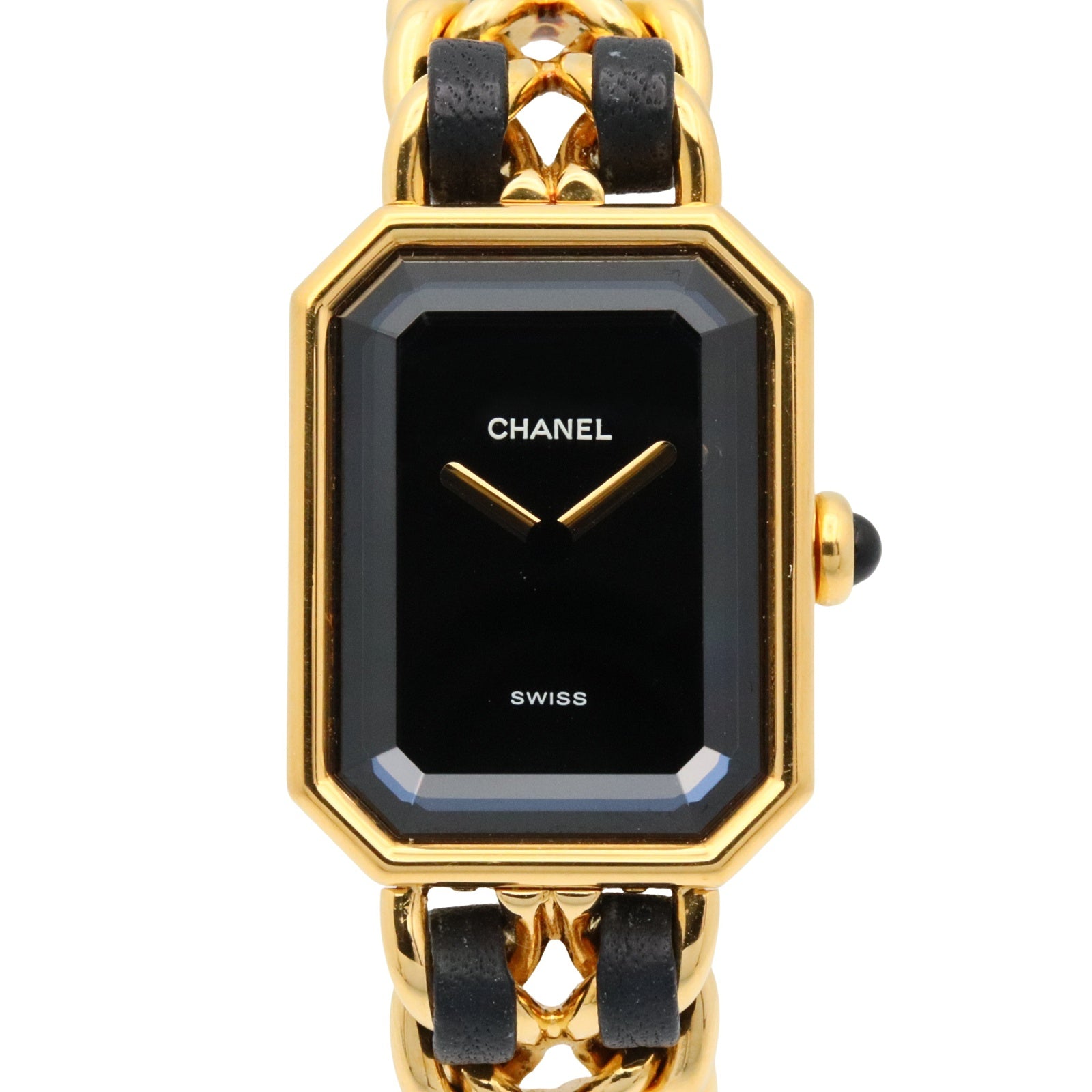 129【美品】CHANEL　プルミエールM 時計　黒文字盤×GPレザー　ゴールド プルミエールM レディース 腕時計 クオーツ GP（ゴールドメッキ
