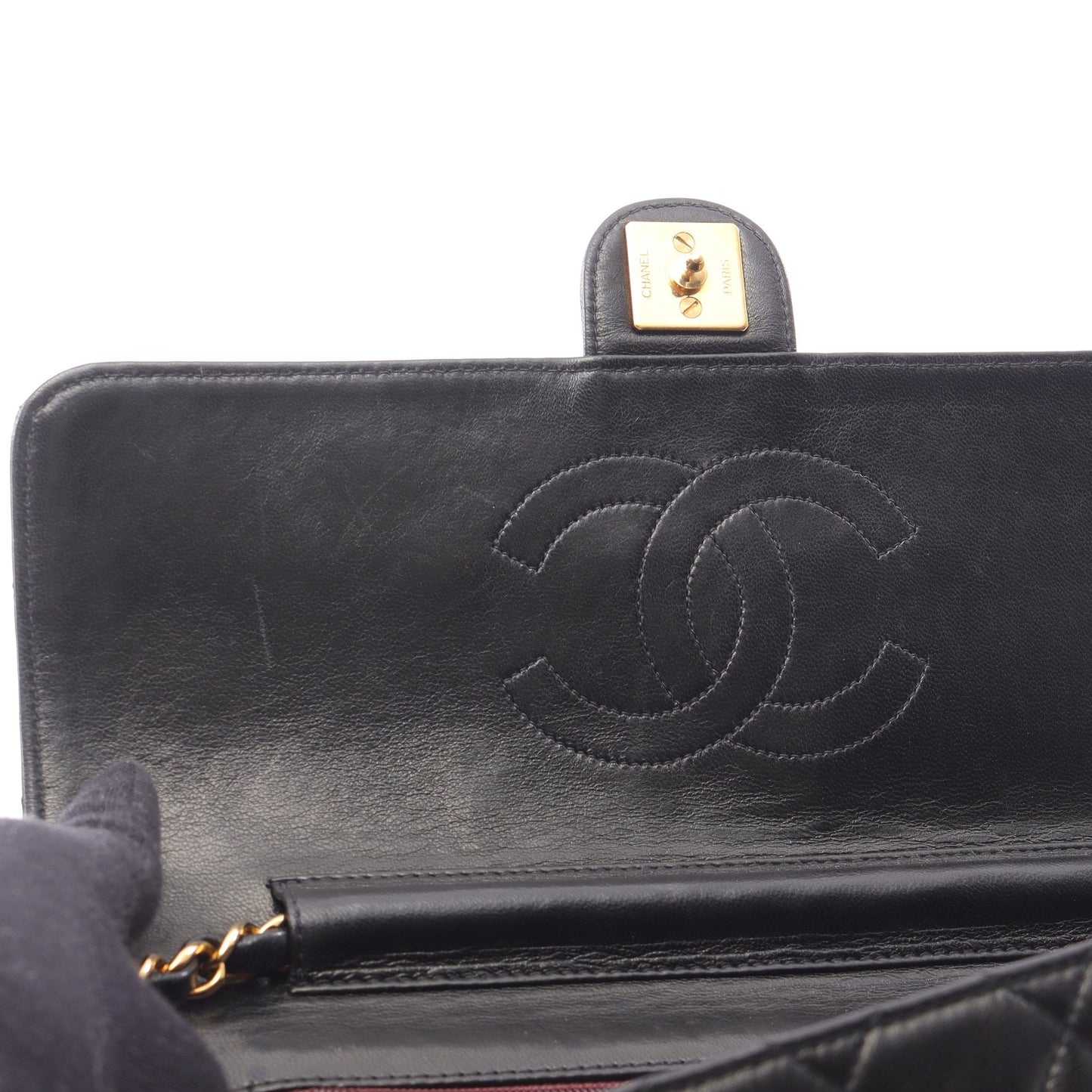 マトラッセ チェーンショルダーバッグ ラムスキン ブラック ゴールド金具 プッシュロック シャネル バッグ CHANEL