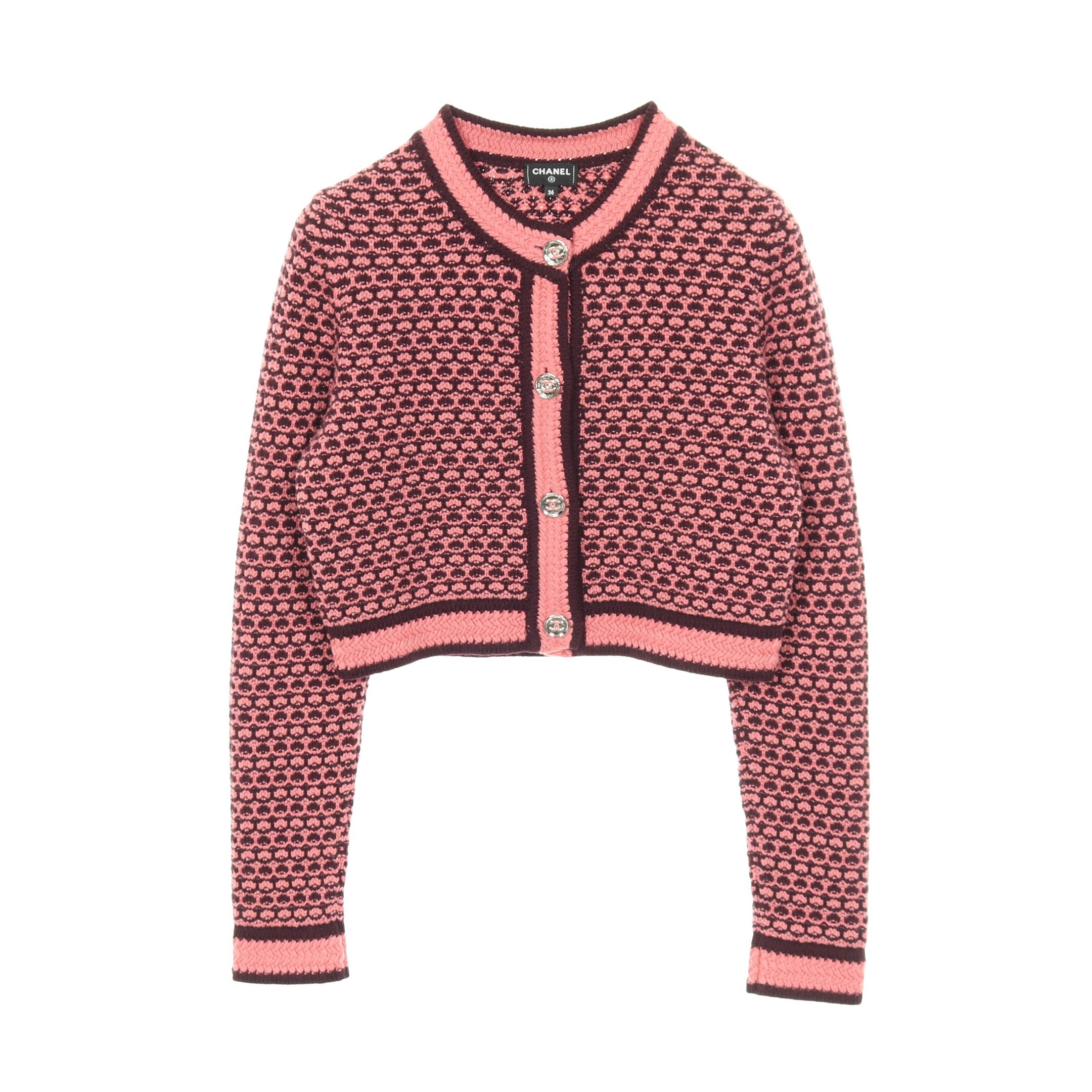 極美品☆カシミヤ☆シャネル ココボタン ボレロ ニット カーディガン クロップド ココマークボタン クロップド カーディガン 総柄 カシミヤ ピンク