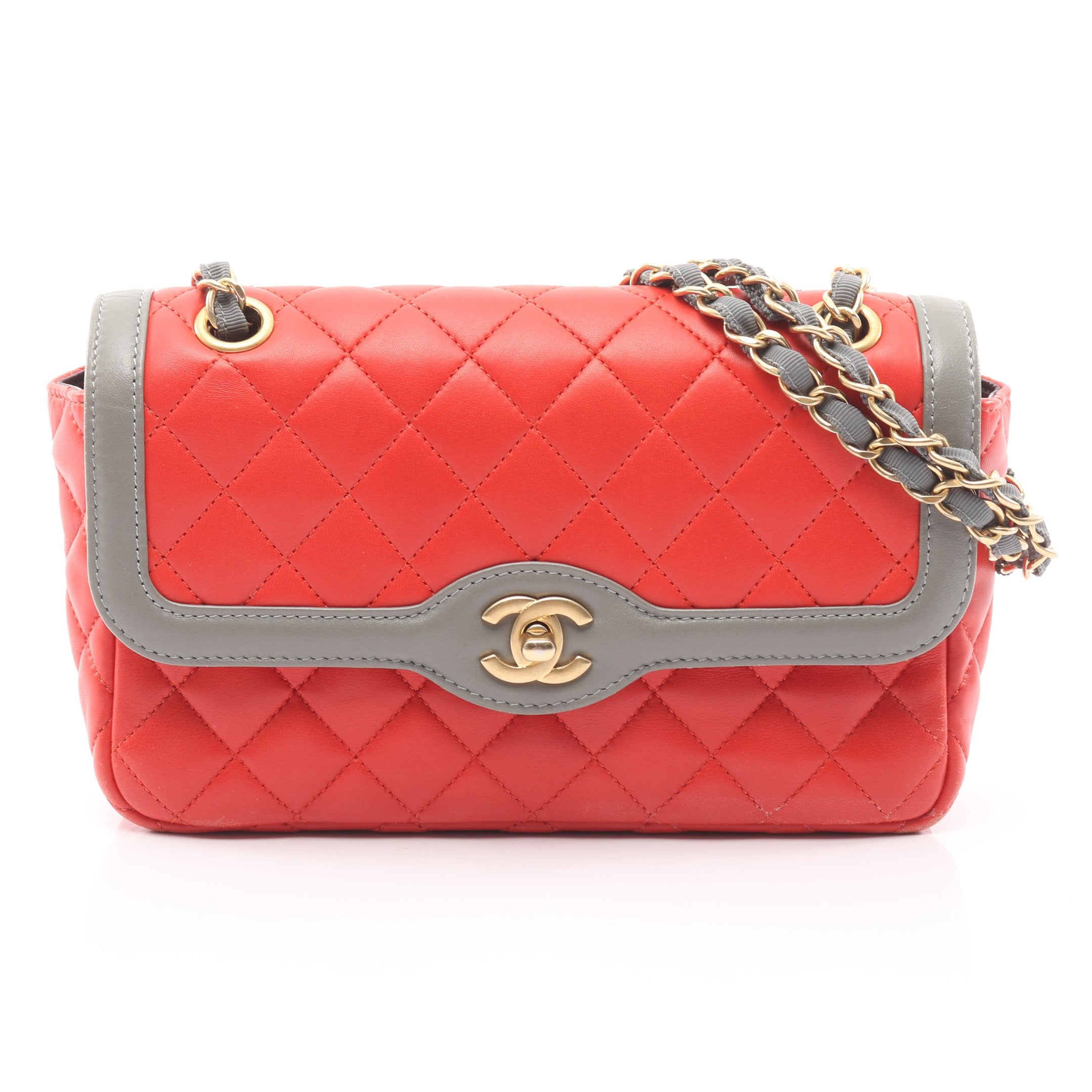 マトラッセ Wチェーンショルダーバッグ ラムスキン レッド グレー