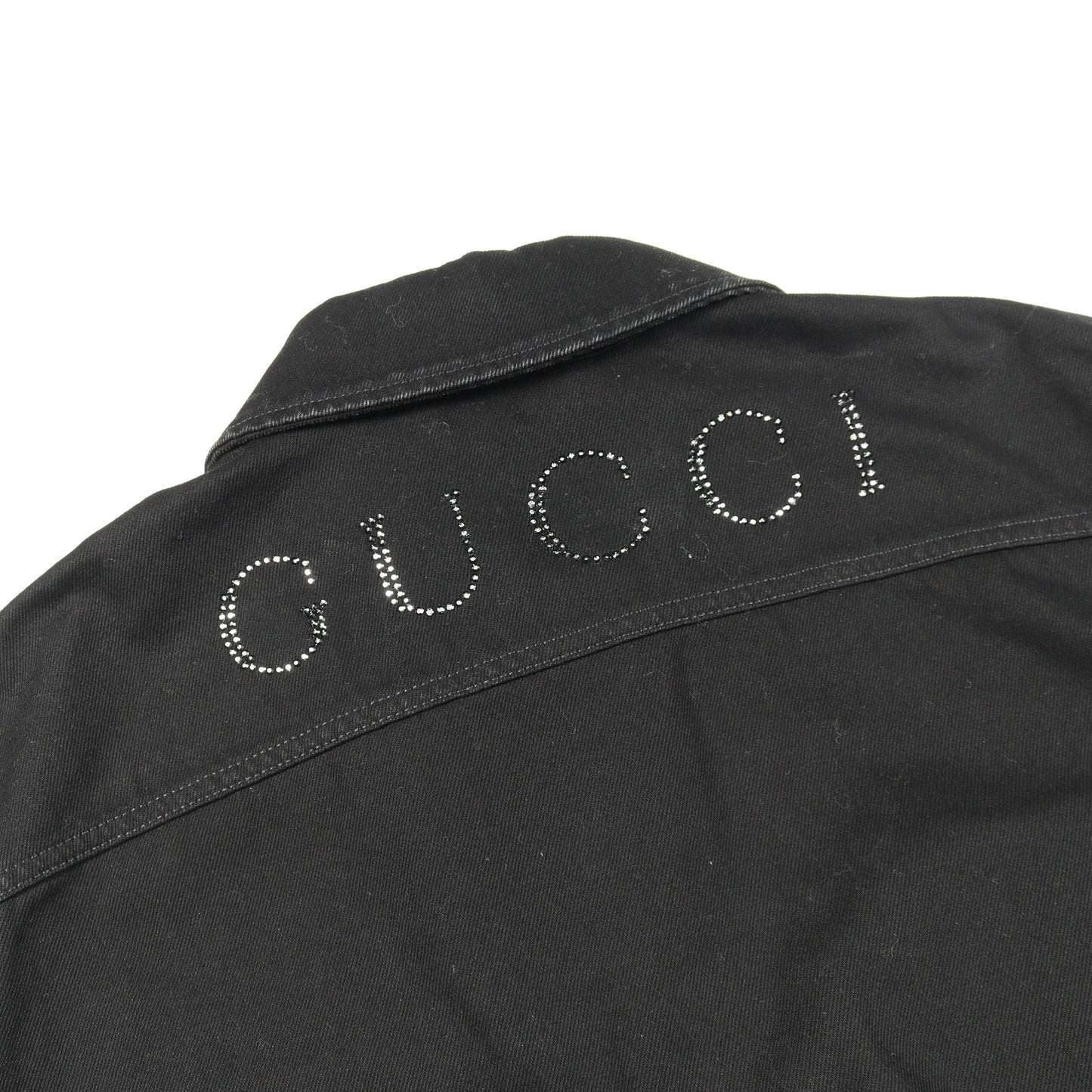 ラインストーンロゴ ジップアップ デニムジャケット コットン ブラック グッチ アウター GUCCI