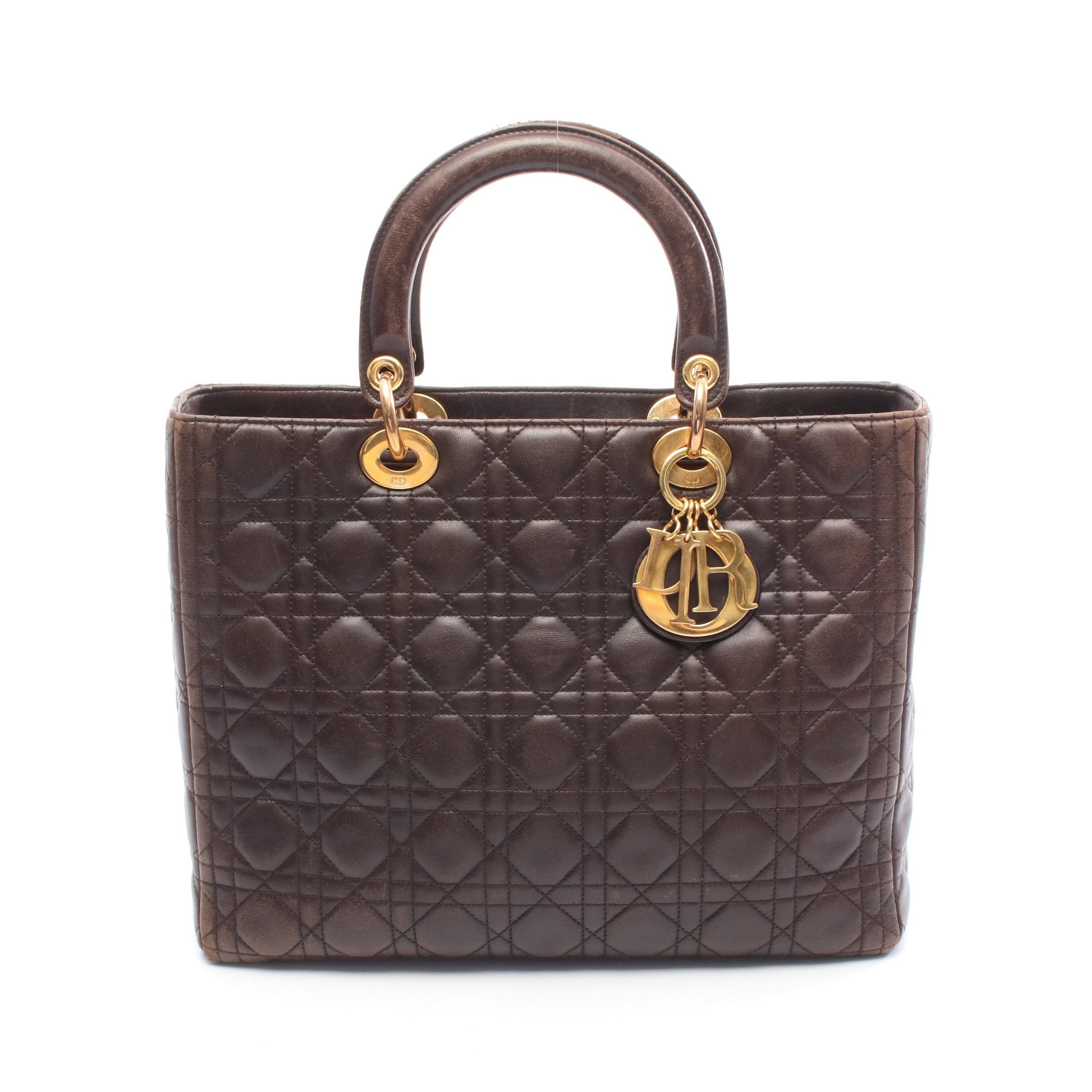 レディディオール　カナージュ ハンドバッグ　ダークブラウン レディディオール ラージ カナージュ ハンドバッグ レザー ダーク