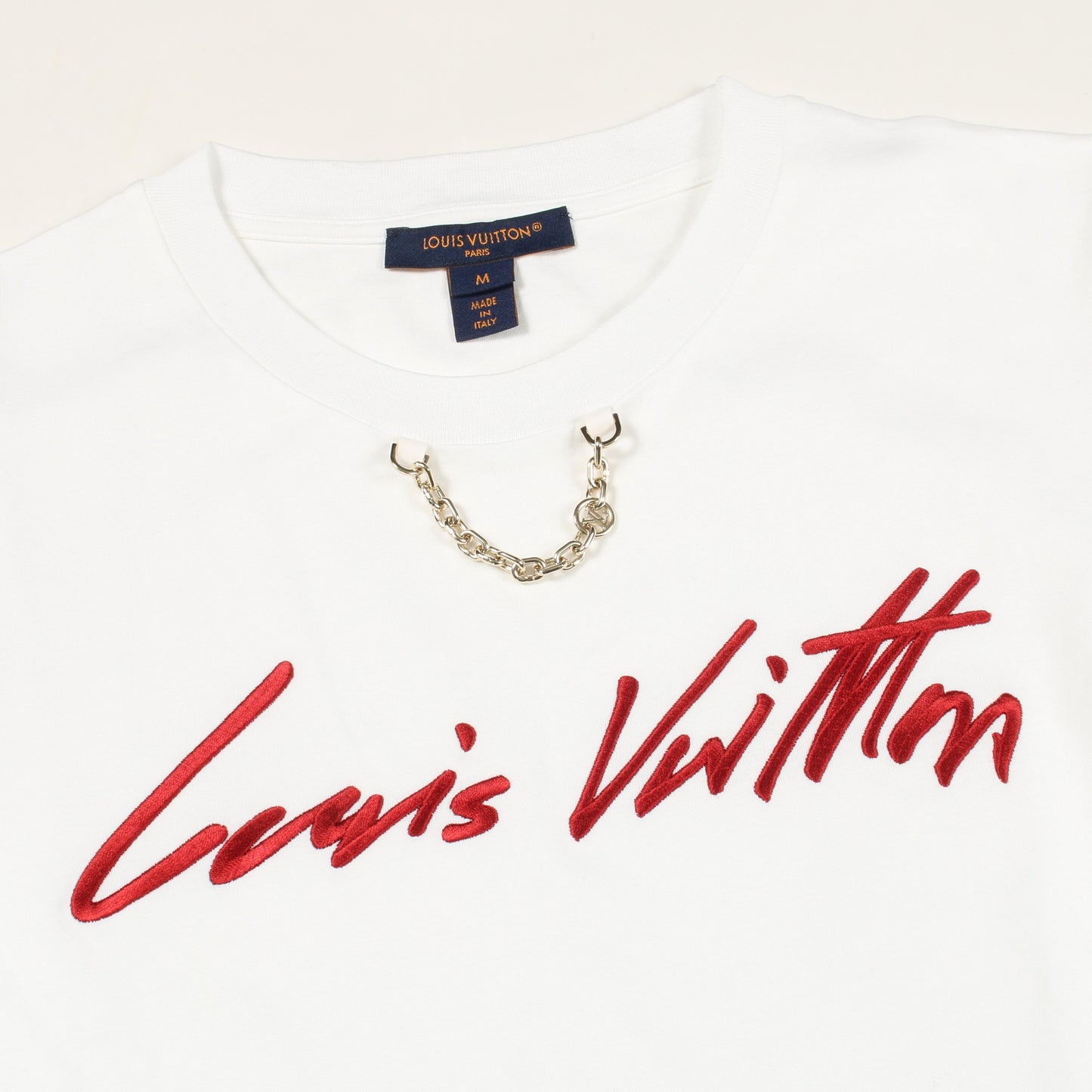 ロゴ刺繍 半袖Tシャツ コットン ホワイト レッド チェーン付き ルイヴィトン トップス LOUIS VUITTON