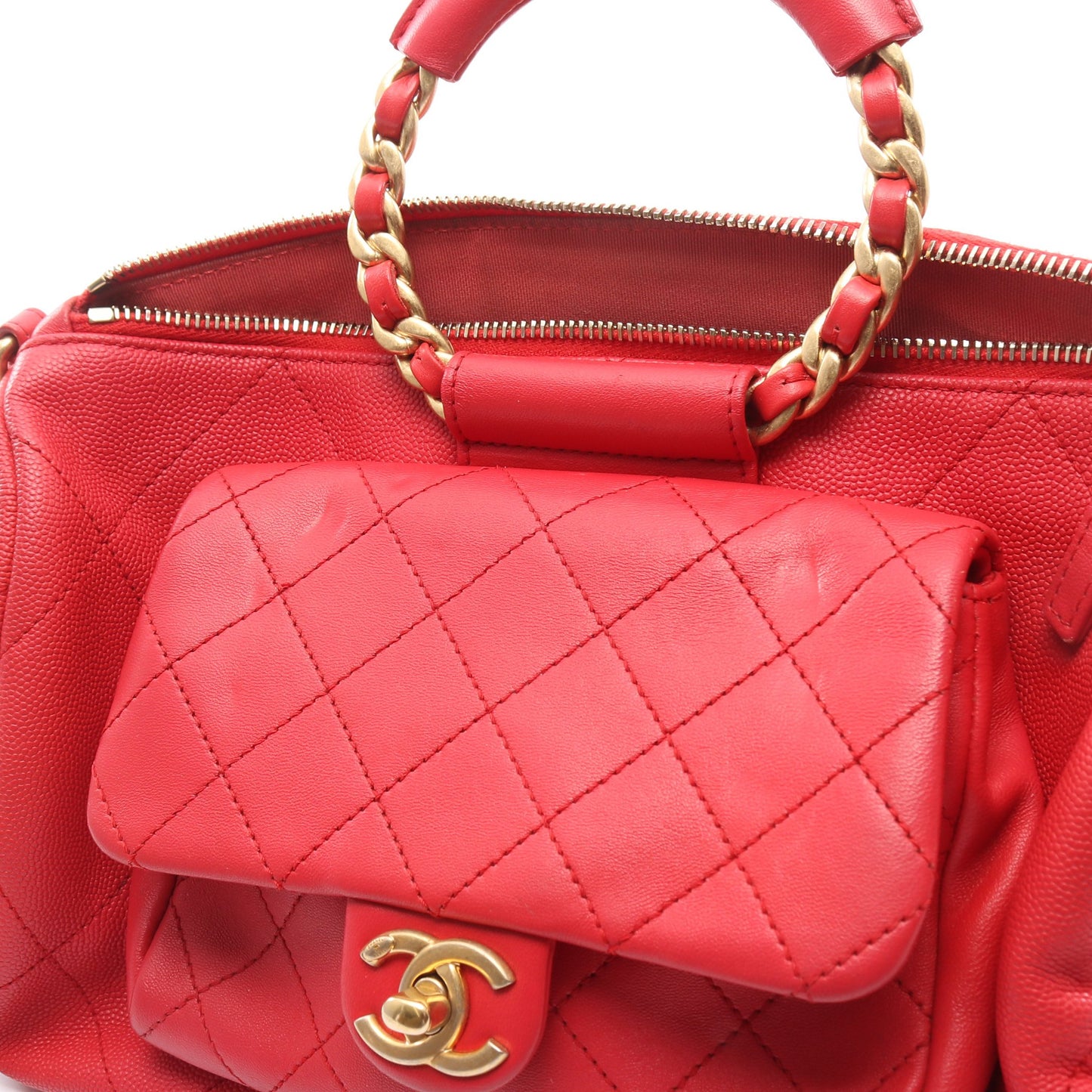 マトラッセ チェーンショルダーバッグ キャビアスキン ラムスキン レッド ゴールド金具 2WAY シャネル バッグ CHANEL