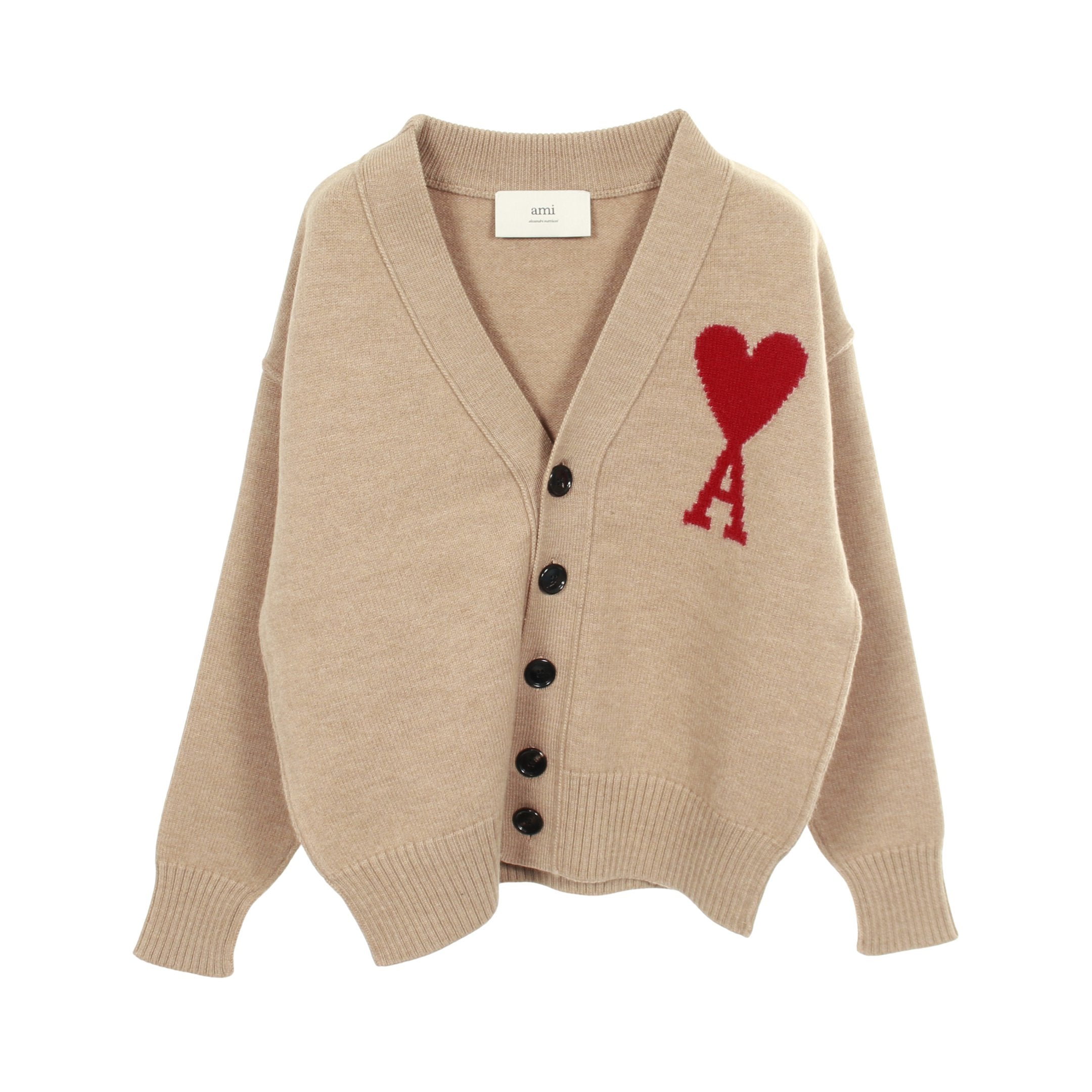 ハートロゴ カーディガン ウール ライトブラウン レッド アミ