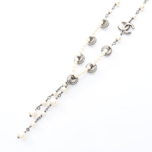 ココマーク ネックレス フェイクパール ラインストーン シルバー オフホワイト クリア 16A シャネル アクセサリー CHANEL
