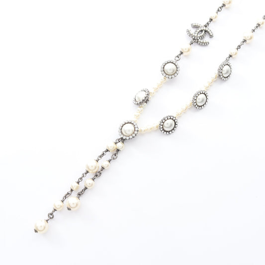 ココマーク ネックレス フェイクパール ラインストーン シルバー オフホワイト クリア 16A シャネル アクセサリー CHANEL