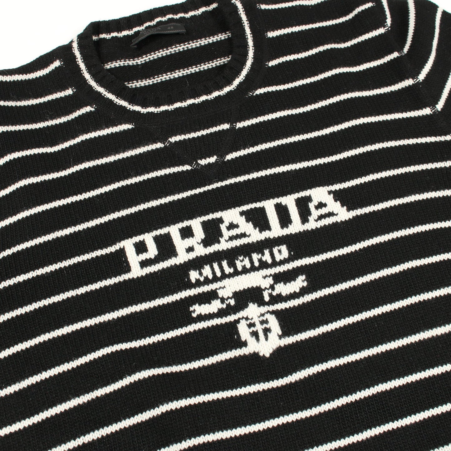 ニット クルーネック ロゴ ボーダー ウール カシミヤ ブラック ホワイト プラダ トップス PRADA