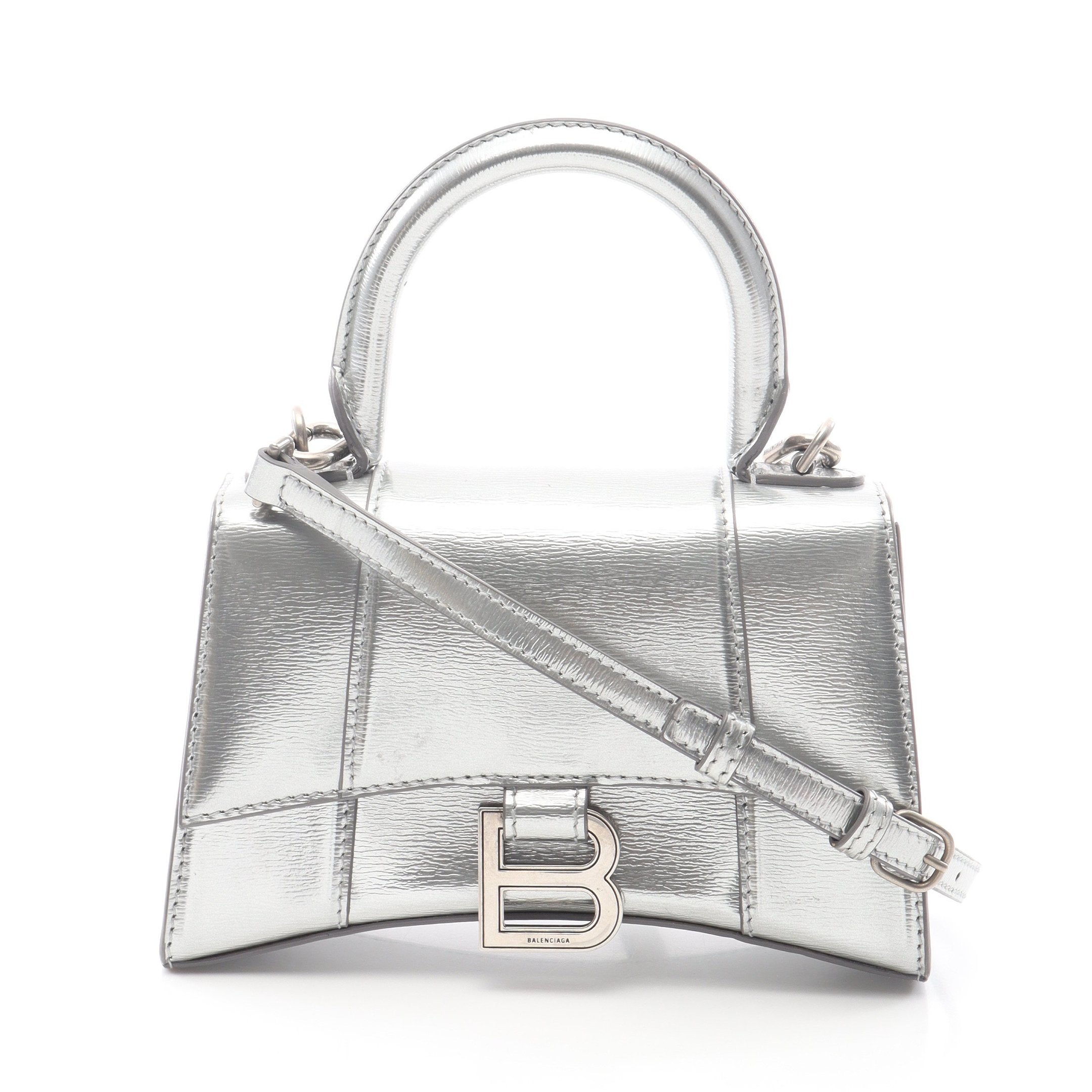 HOURGLASS XS ハンドバッグ レザー シルバー 2WAY バレンシアガ – RECLO