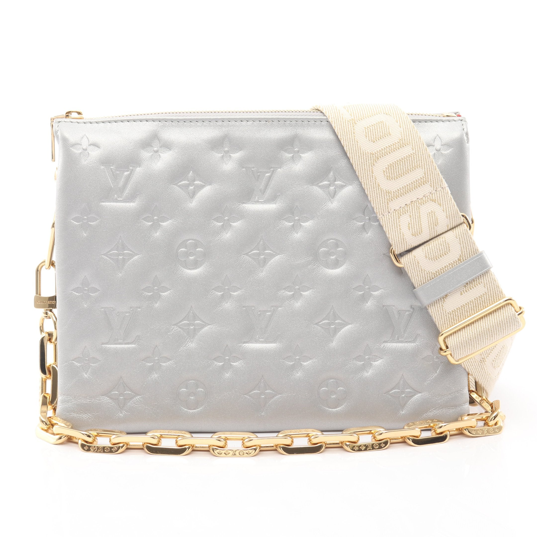 クッサンPM モノグラム チェーンショルダーバッグ レザー シルバー