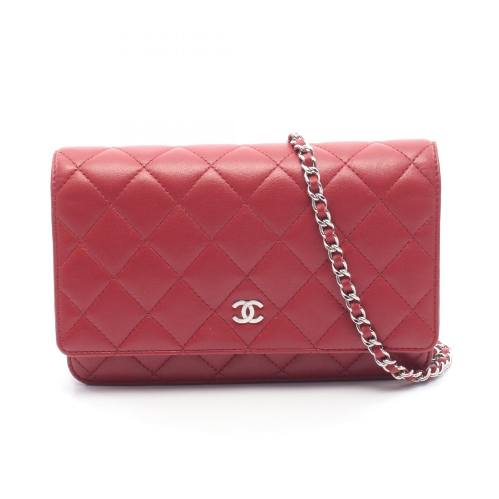 マトラッセ チェーンウォレット ラムスキン レッド シルバー金具