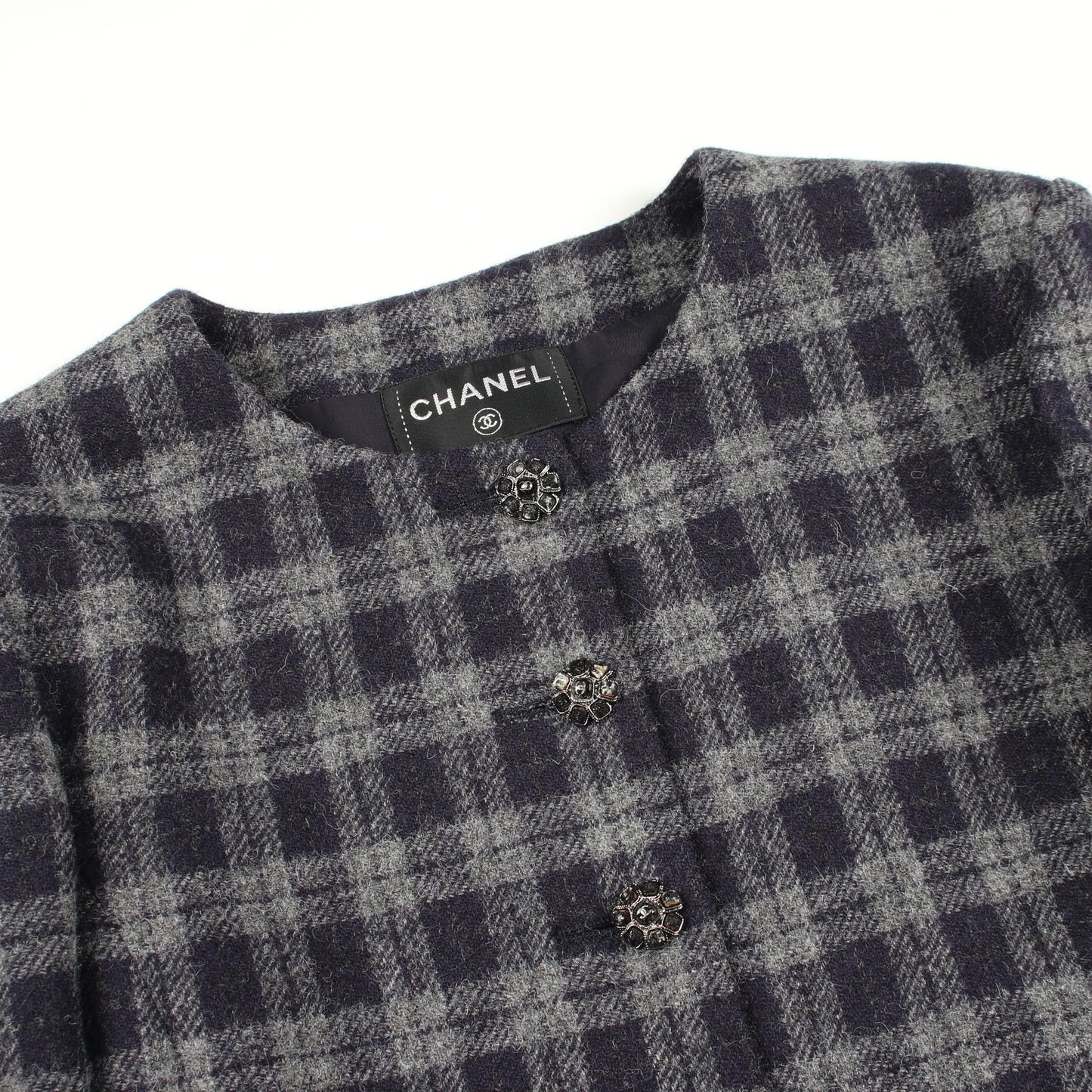 ココマークボタン ワンピース チェック ウール ネイビー グレー シャネル ワンピース CHANEL