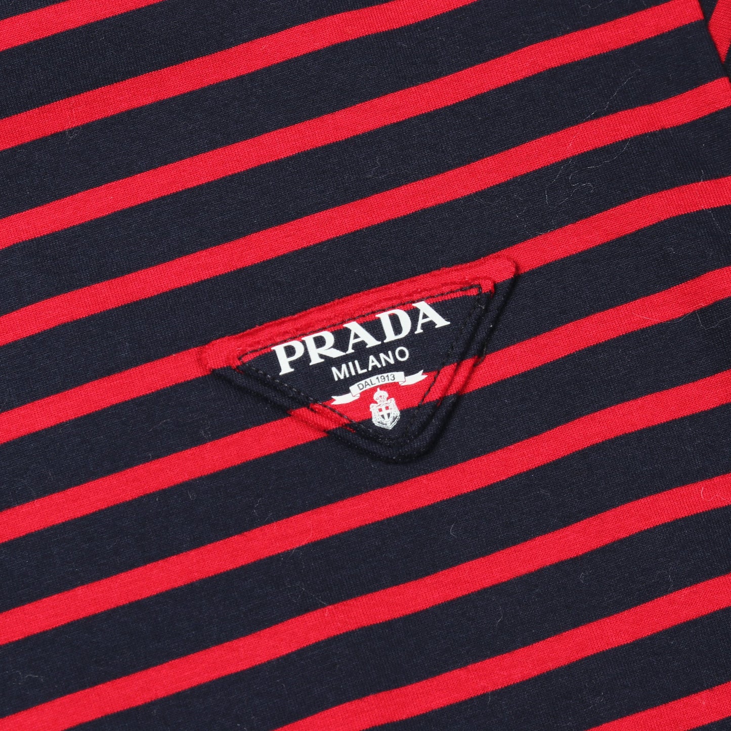 トライアングルロゴ 長袖Tシャツ クルーネック ボーダー コットン ネイビー レッド プラダ トップス PRADA