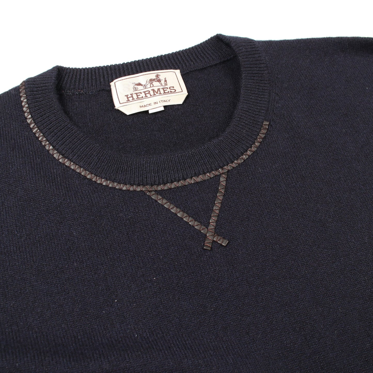 レザーステッチ クルーネック ニット カシミヤ ネイビー エルメス トップス HERMES