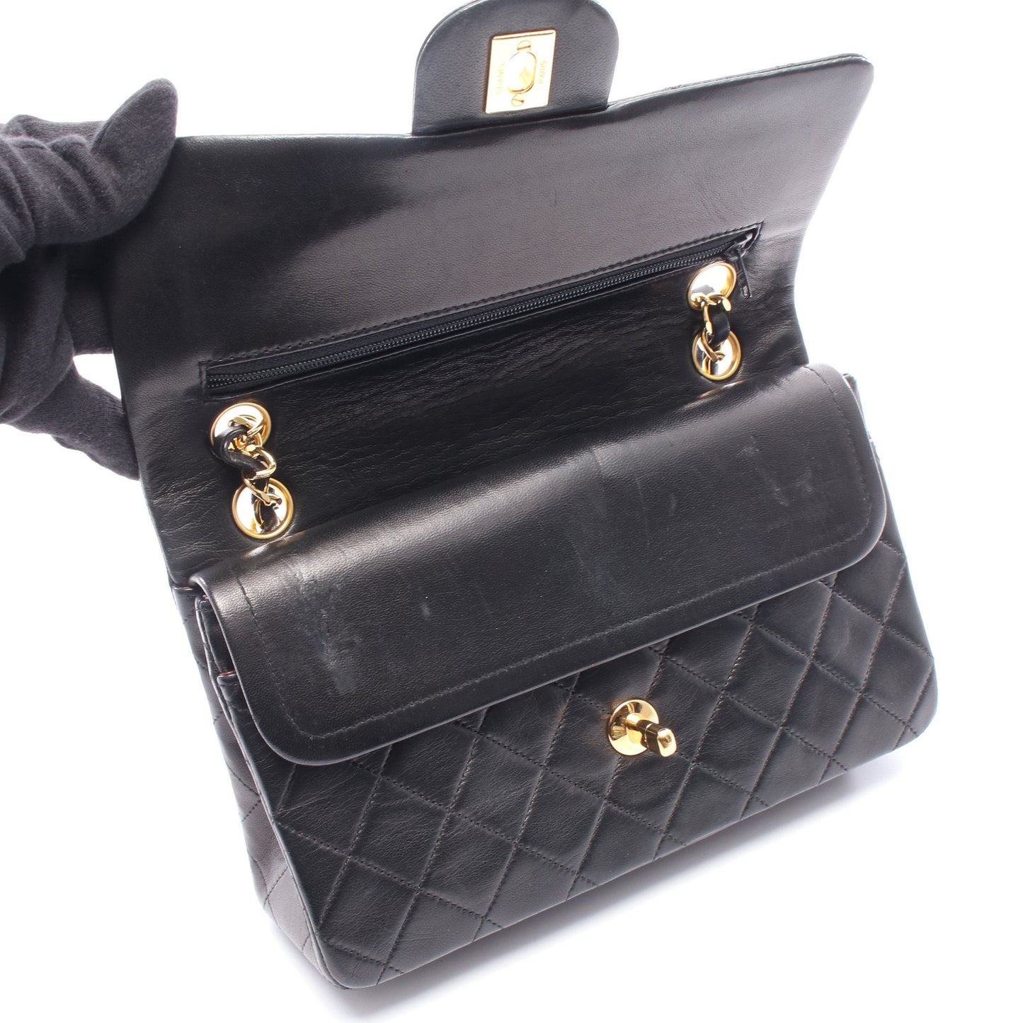 マトラッセ Wフラップ Wチェーンショルダーバッグ ラムスキン ブラック ゴールド金具 シャネル バッグ CHANEL