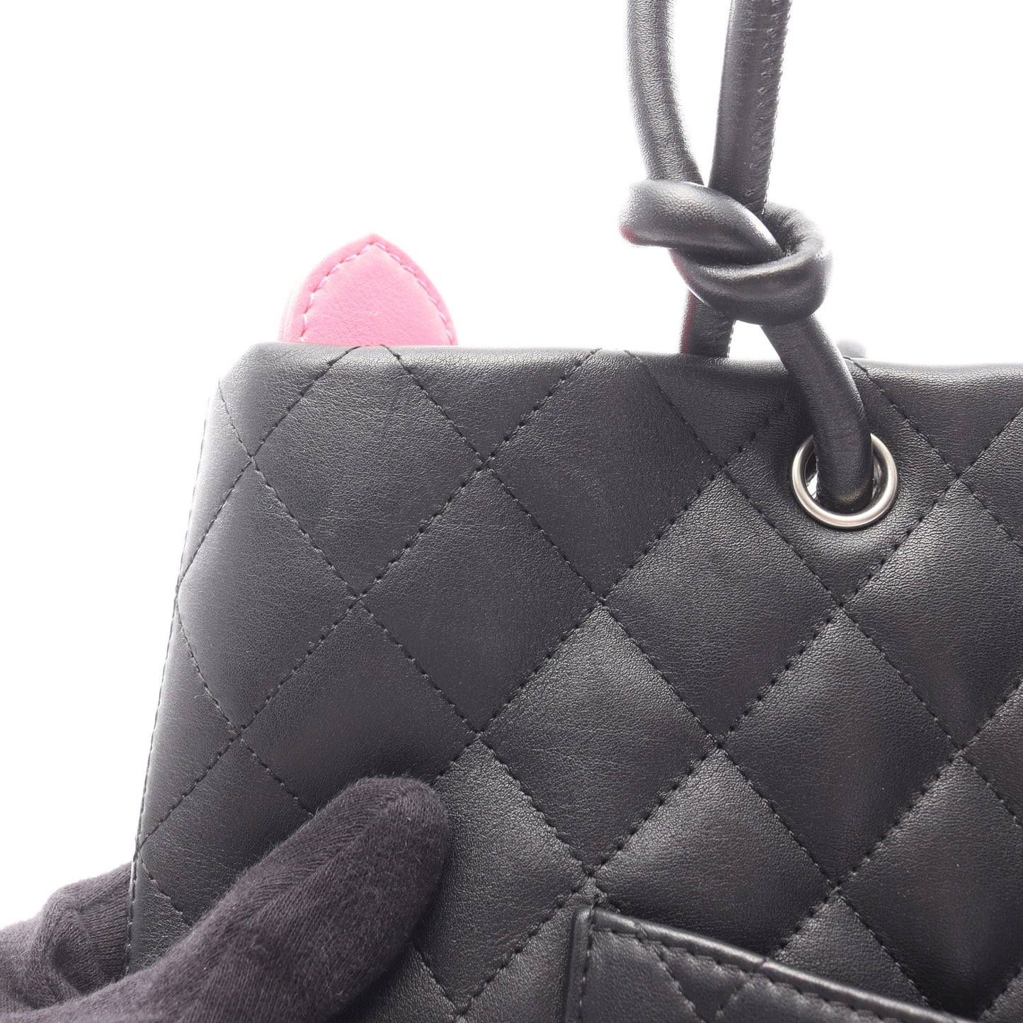 カンボンライン ミディアム ハンドバッグ トートバッグ レザー ブラック ホワイト シルバー金具 シャネル