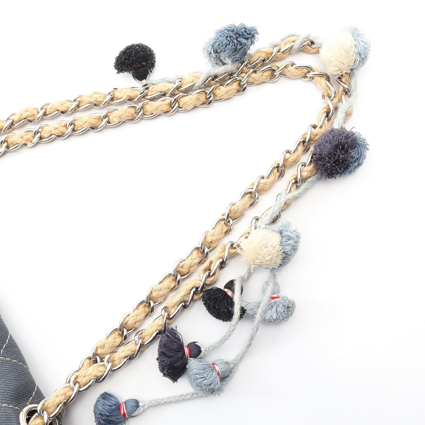 マトラッセ Wチェーンショルダーバッグ デニム インディゴブルー シルバー金具 シャネル バッグ CHANEL