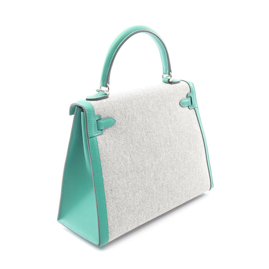 ケリー25 エクリュ ヴェールヴェルティゴ 外縫い 2WAY ハンドバッグ トワルアッシュ ヴォースイフト ライトグレー グリーン シルバー金具 W刻印 エルメス