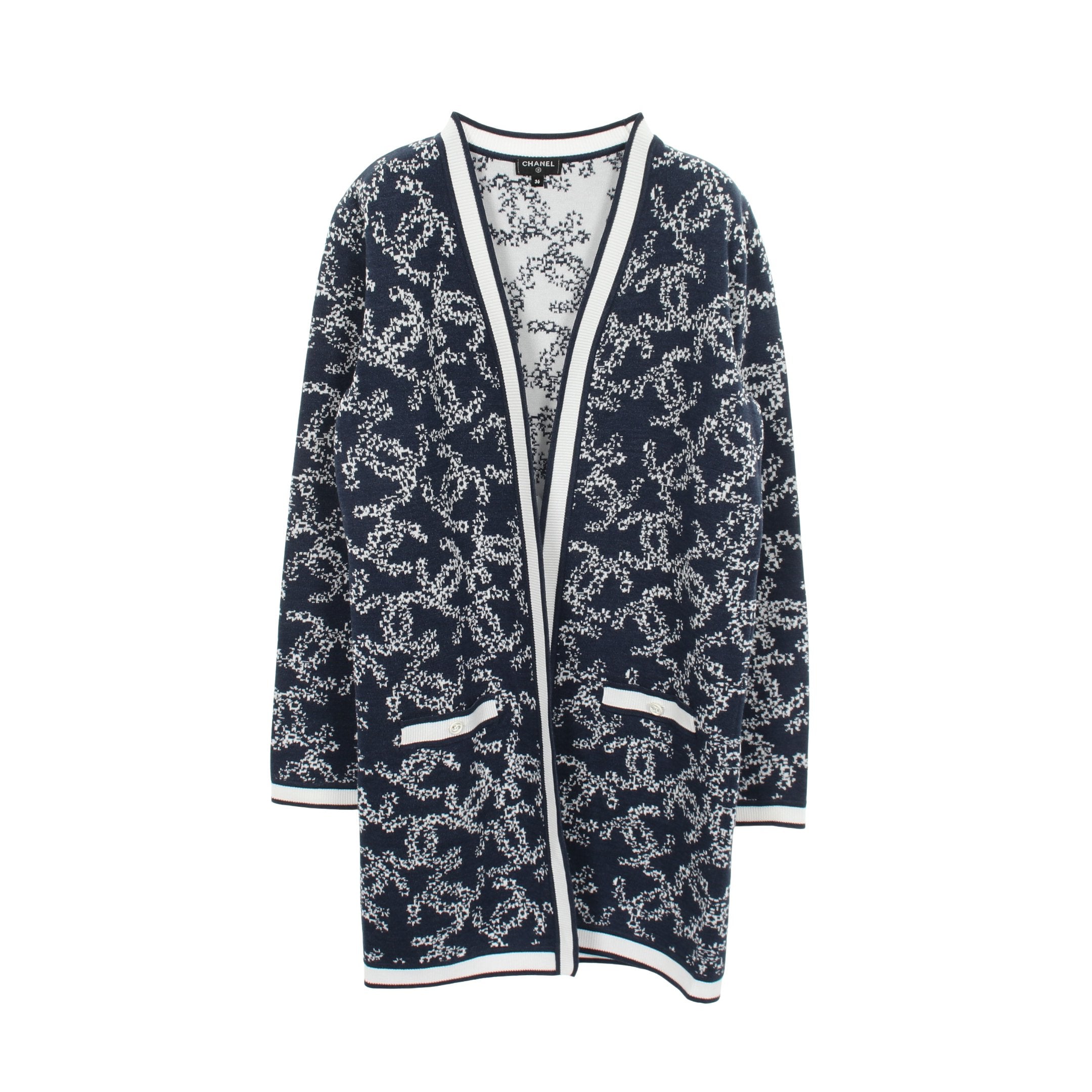 CHANEL スタッフ専用 ココマーク ロゴ入り セーラーカーディガン M ココマーク ロング カーディガン コットン ネイビー オフホワイト