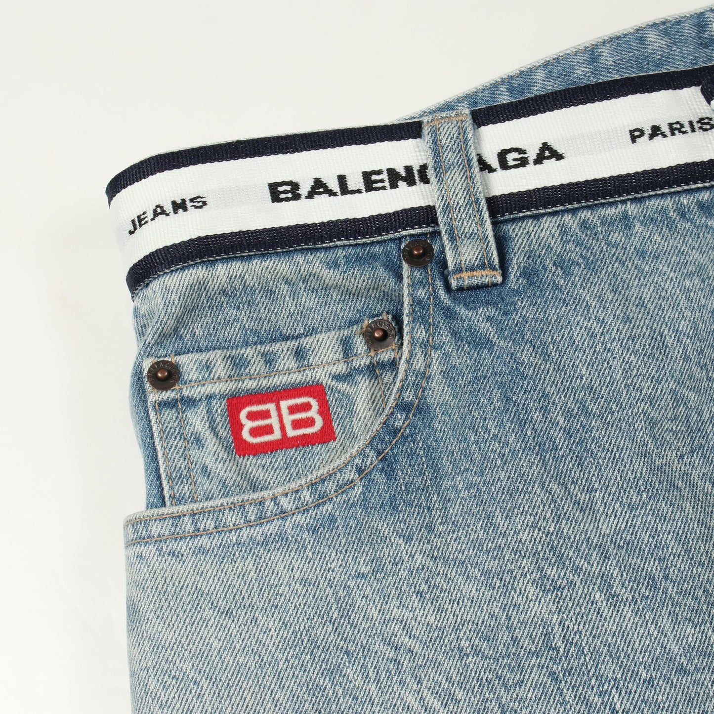 ロゴウエスト ボタンフライ デニムパンツ コットン ライトブルー バレンシアガ ボトムス BALENCIAGA