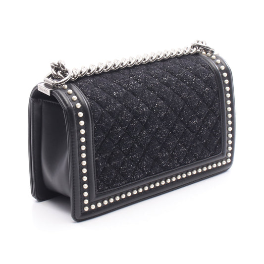 ボーイシャネル チェーンショルダーバッグ ツイード レザー ブラック シルバー金具 シャネル