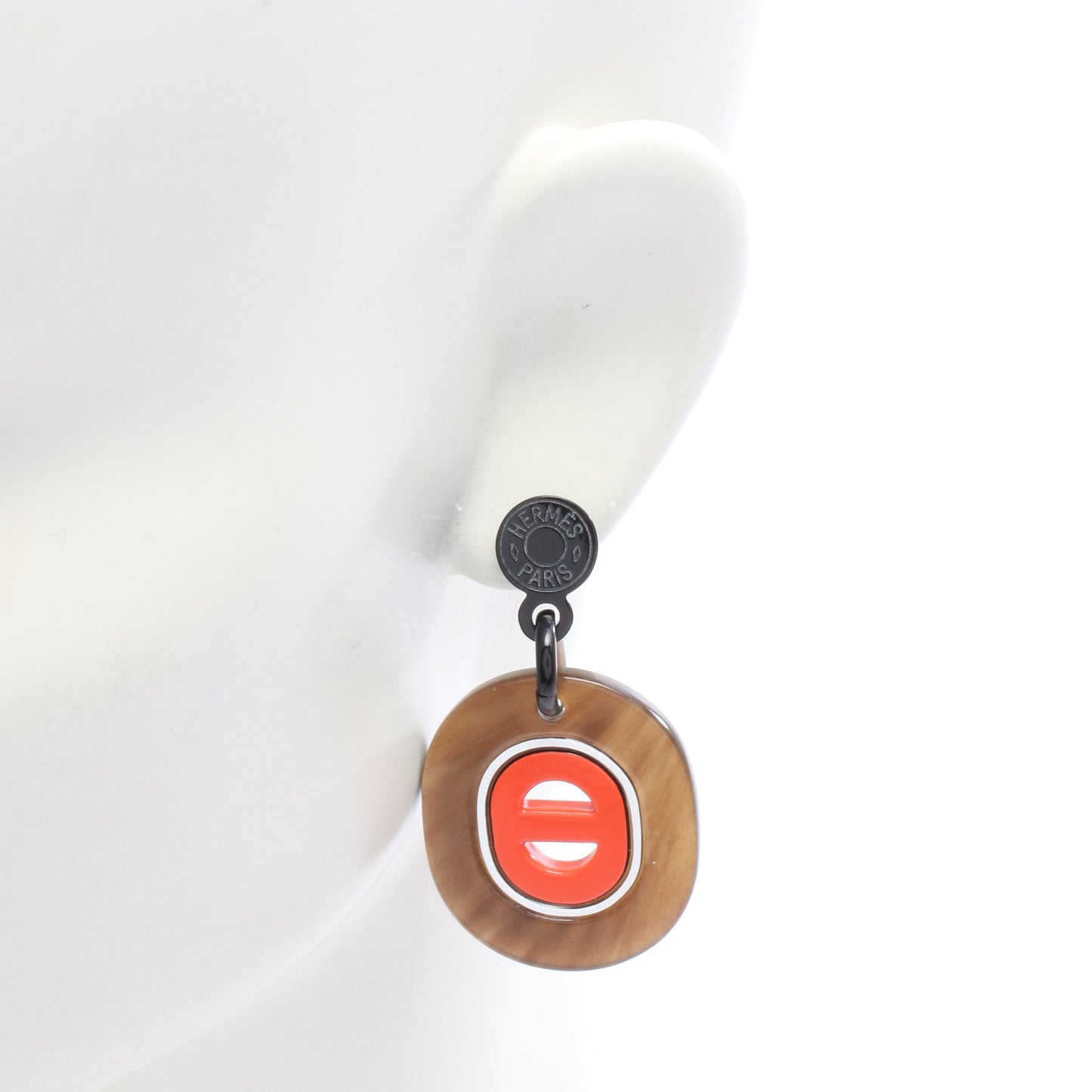 フィデリオヴィラージュPM ピアス バッファローホーン ダークブラウン オレンジレッド エルメス アクセサリー HERMES