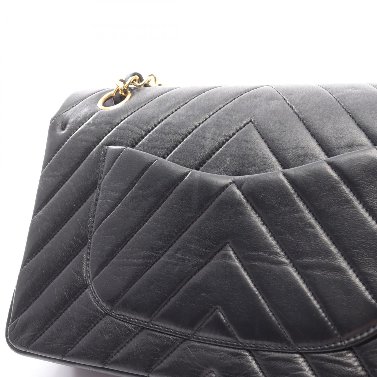 シェブロン Vステッチ Wフラップ Wチェーンショルダーバッグ ラムスキン ブラック ゴールド金具 シャネル バッグ CHANEL