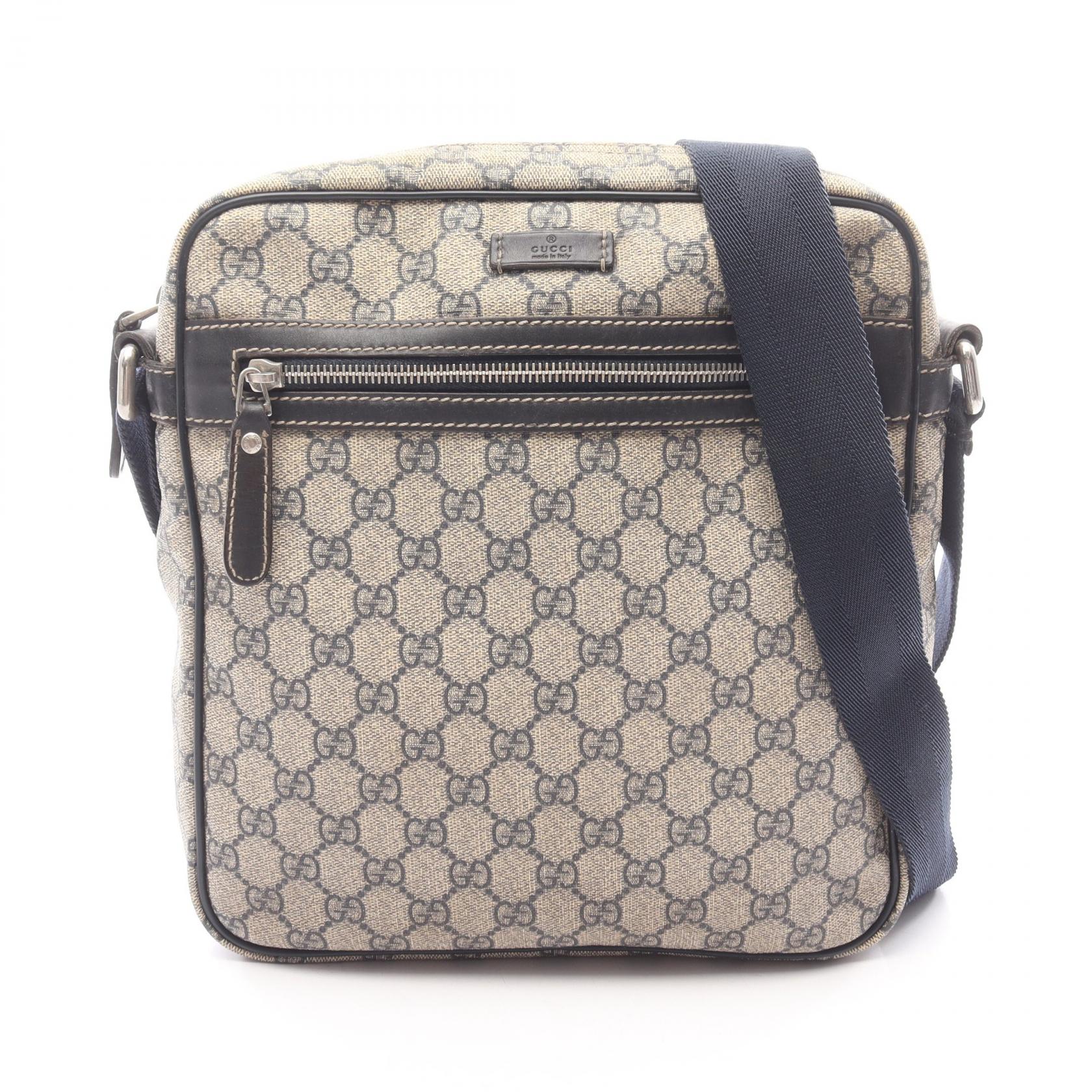 NR36　hm12642tm 【GUCCI】GGスプリームショルダーバッグ PVC×レザー ベージュ×ブラック×シルバー金具 408460 GGスプリーム ショルダーバッグ PVC レザー ベージュ ネイビー グッチ