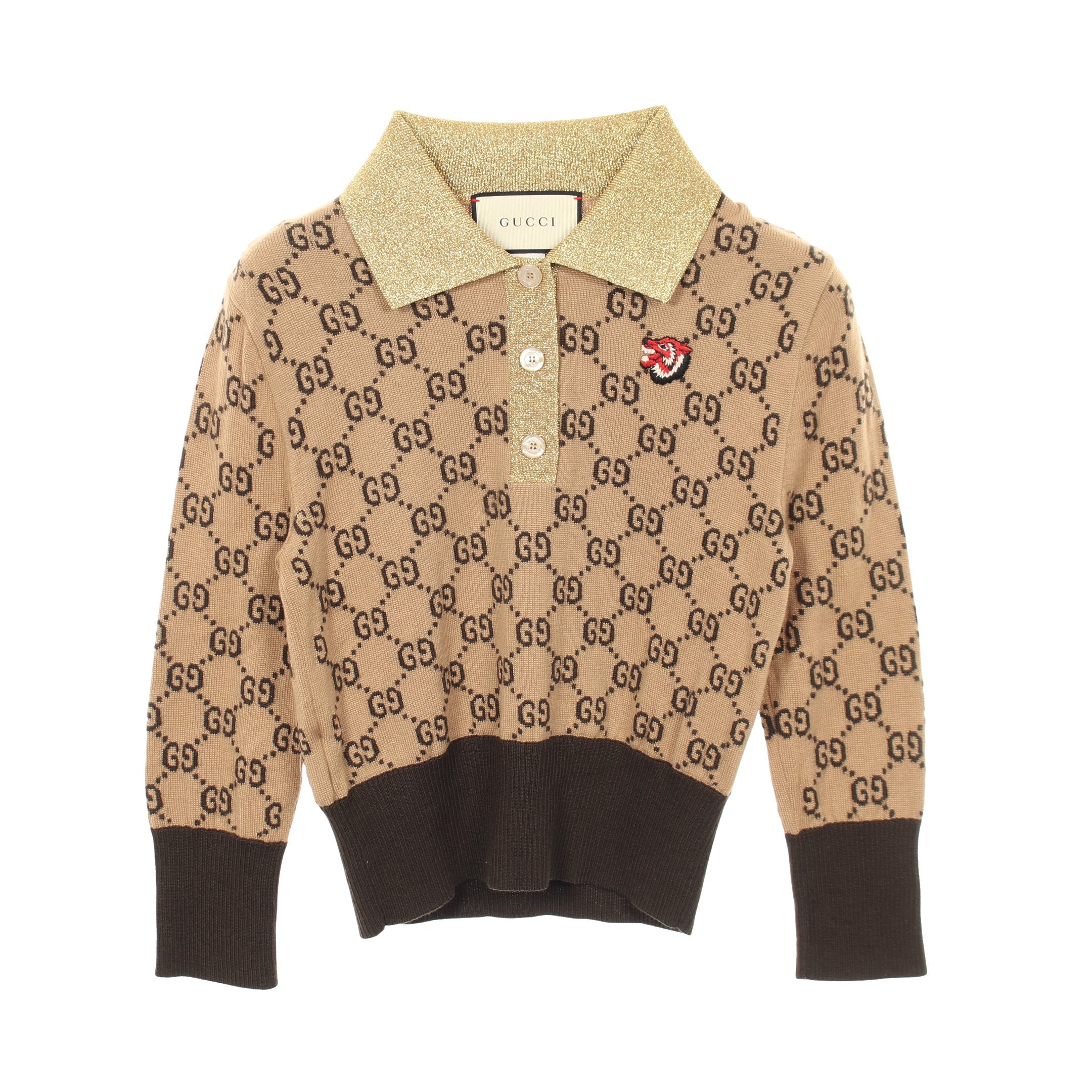 [美品クリーニング済み]GUCCI グッチベアシャツ　グロップドブラウス GGパターン ウルフパッチ クロップドシャツ ニット ウール ライト