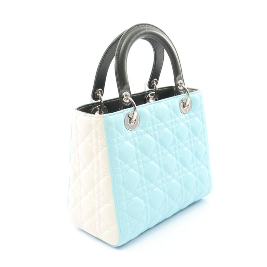 LADY DIOR レディディオール カナージュ 2WAY ハンドバッグ レザー ライトブルー ダークグリーン ホワイト クリスチャンディオール