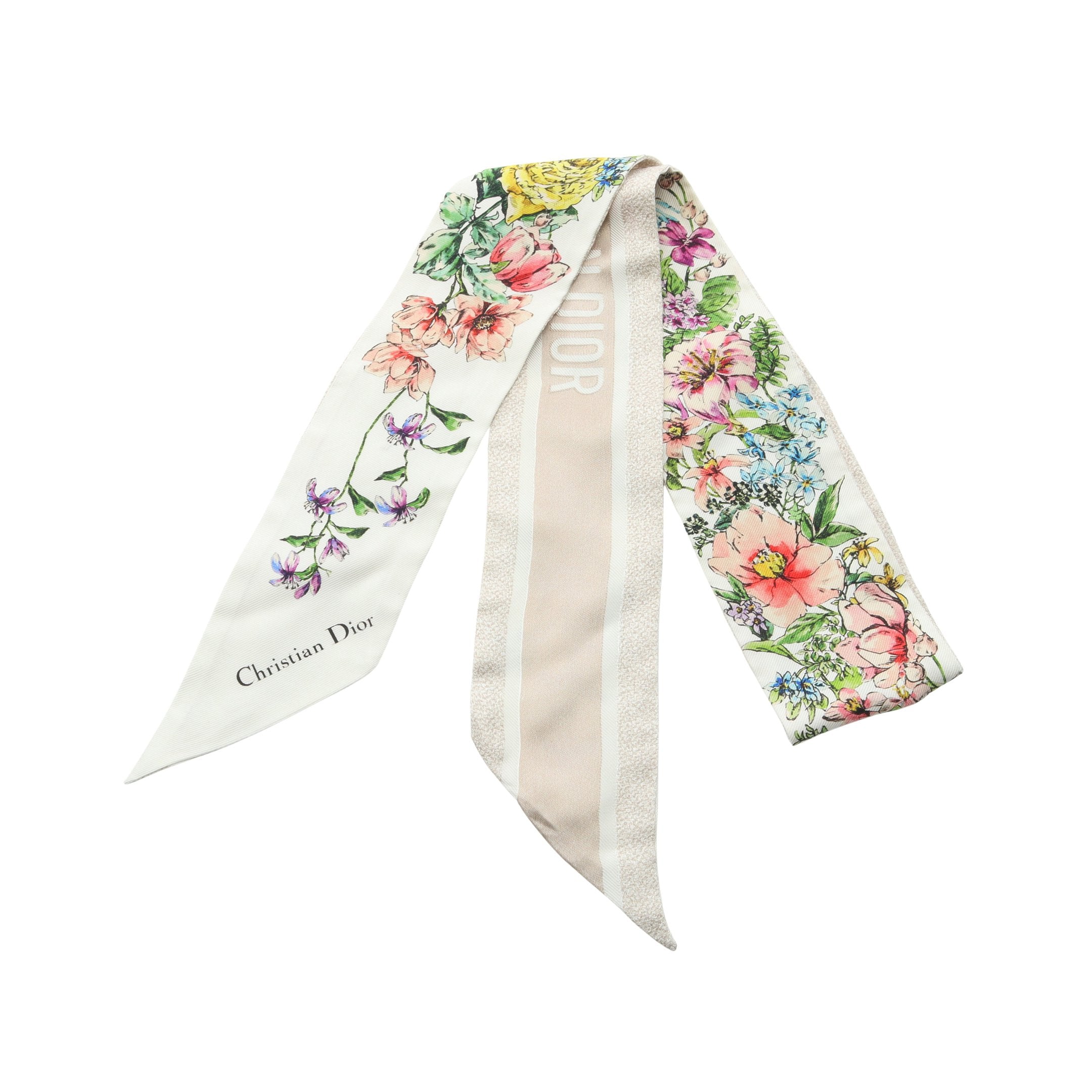 D-Floral ミッツァ リボン スカーフ シルク ベージュ マルチカラー
