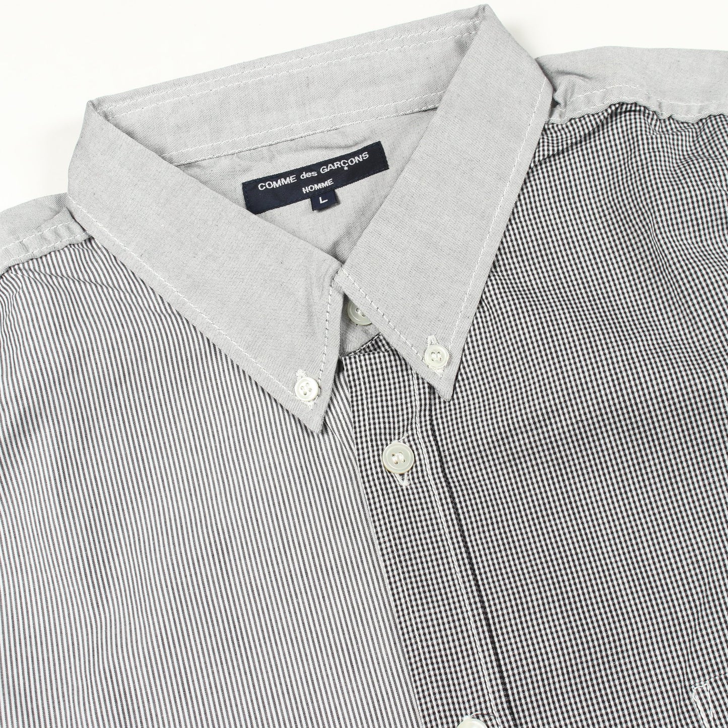 チェックストライプ切替 長袖 ボタンダウン シャツ コットン グレー コムデギャルソンオム トップス COMME des GARCONS HOMME