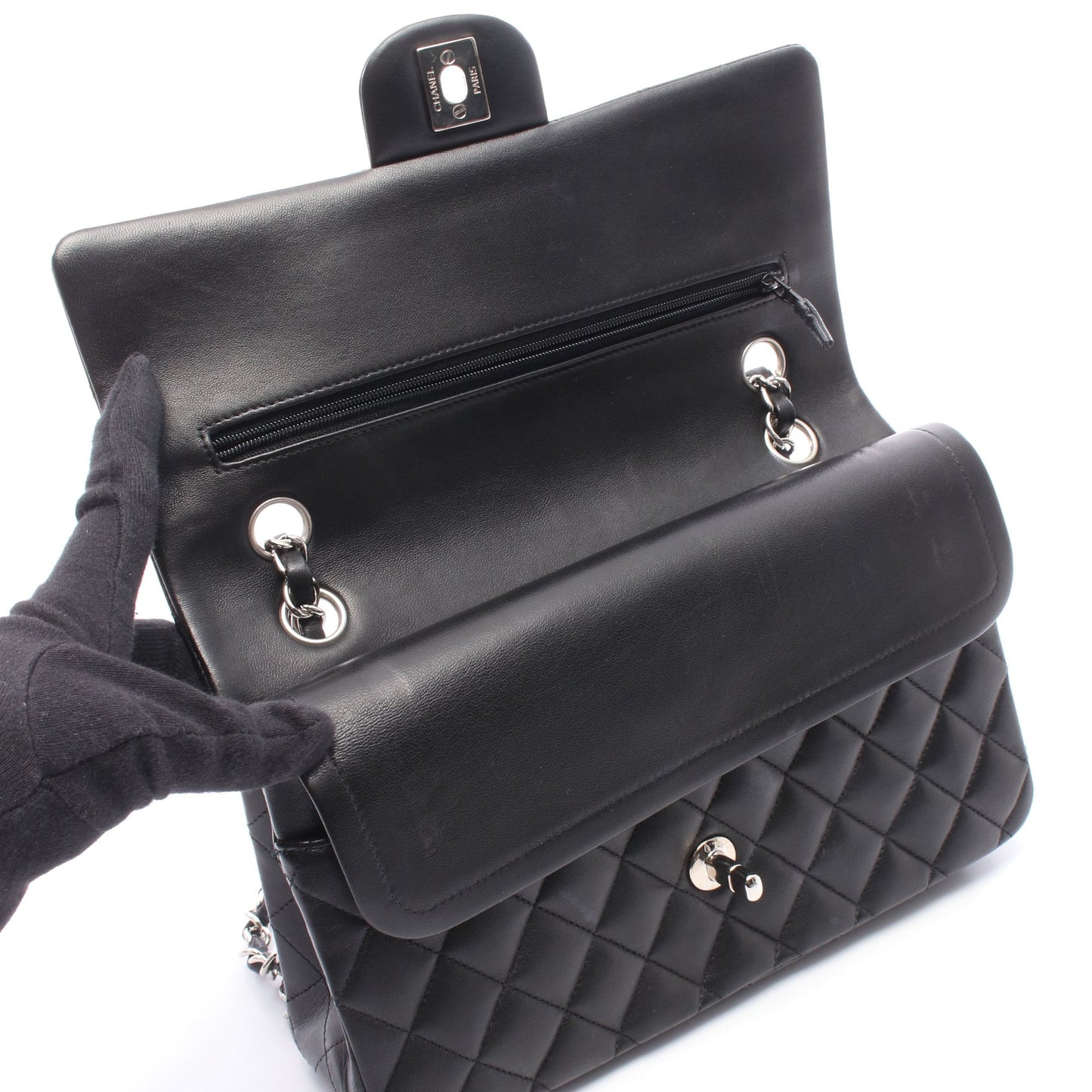 マトラッセ チェーンショルダーバッグ ラムスキン ブラック シルバー金具 シャネル バッグ CHANEL